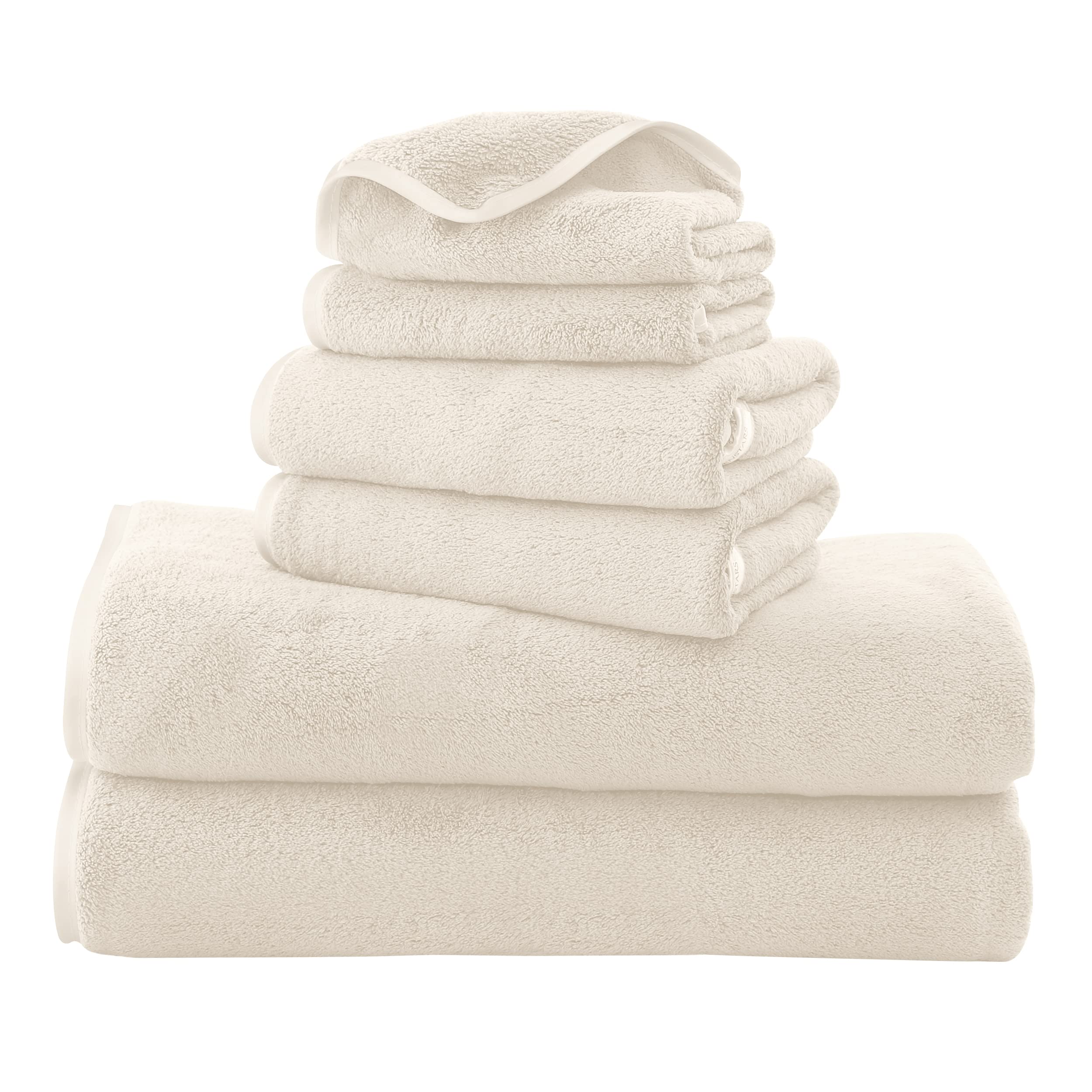Premium Luxury Silk Hemming Towel Set - Ultra Soft Quick-Drying Microfiber Bath Towels (6-Piece Set) - 2 Bath Towels, 2 Hand Towels, 2 Washcloths for Spa, Gym, Yoga & Travel - Lightweight & Absorbent for Home & Hotel Use (Cream Color)