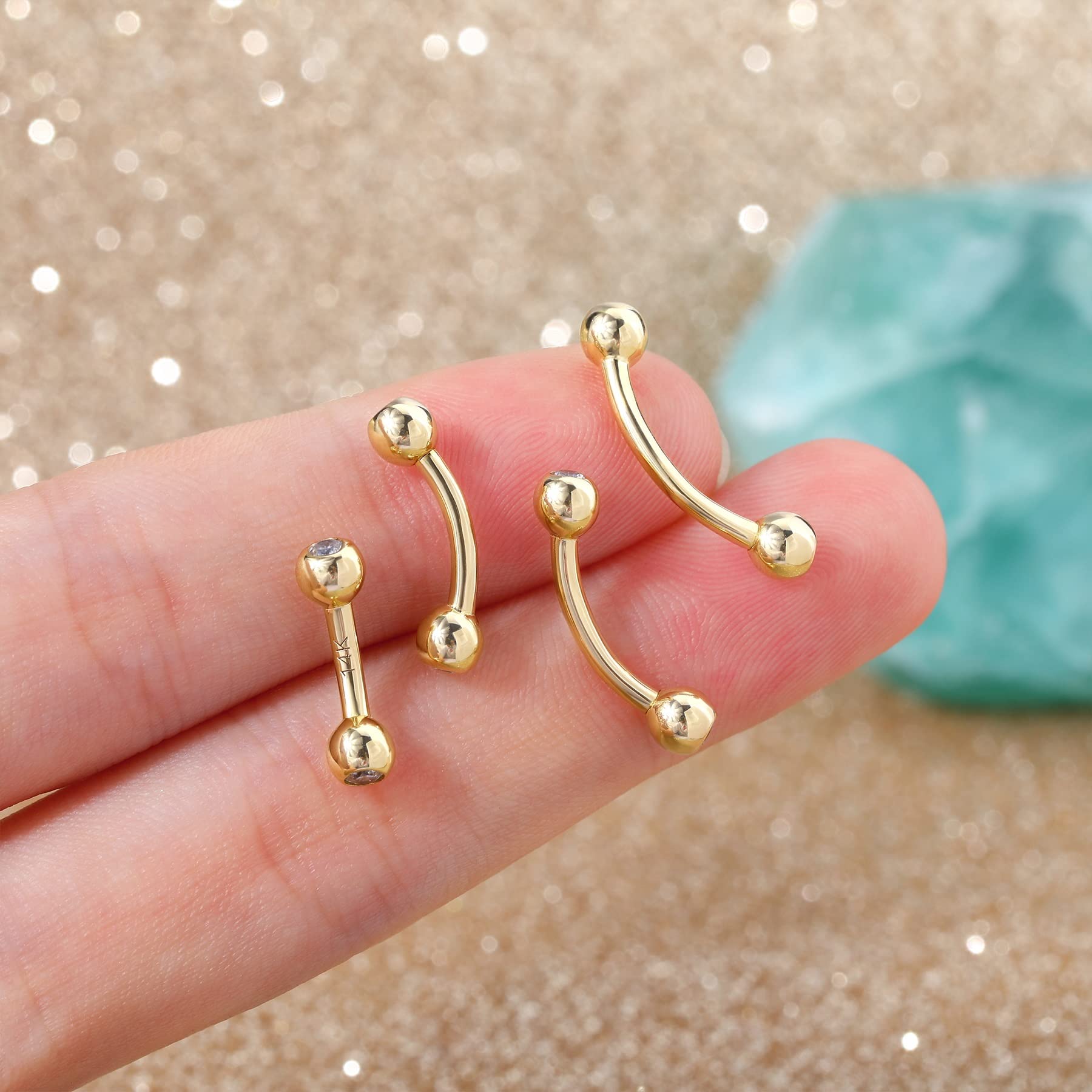 COCHARM 14K Real Gold Belly Button Rings - Cute Short & Long Upper Navel Piercing Jewelry - 16g/14g Rook Barbell - Perfect for Everyday Wear, Parties & Body Piercing Gifts