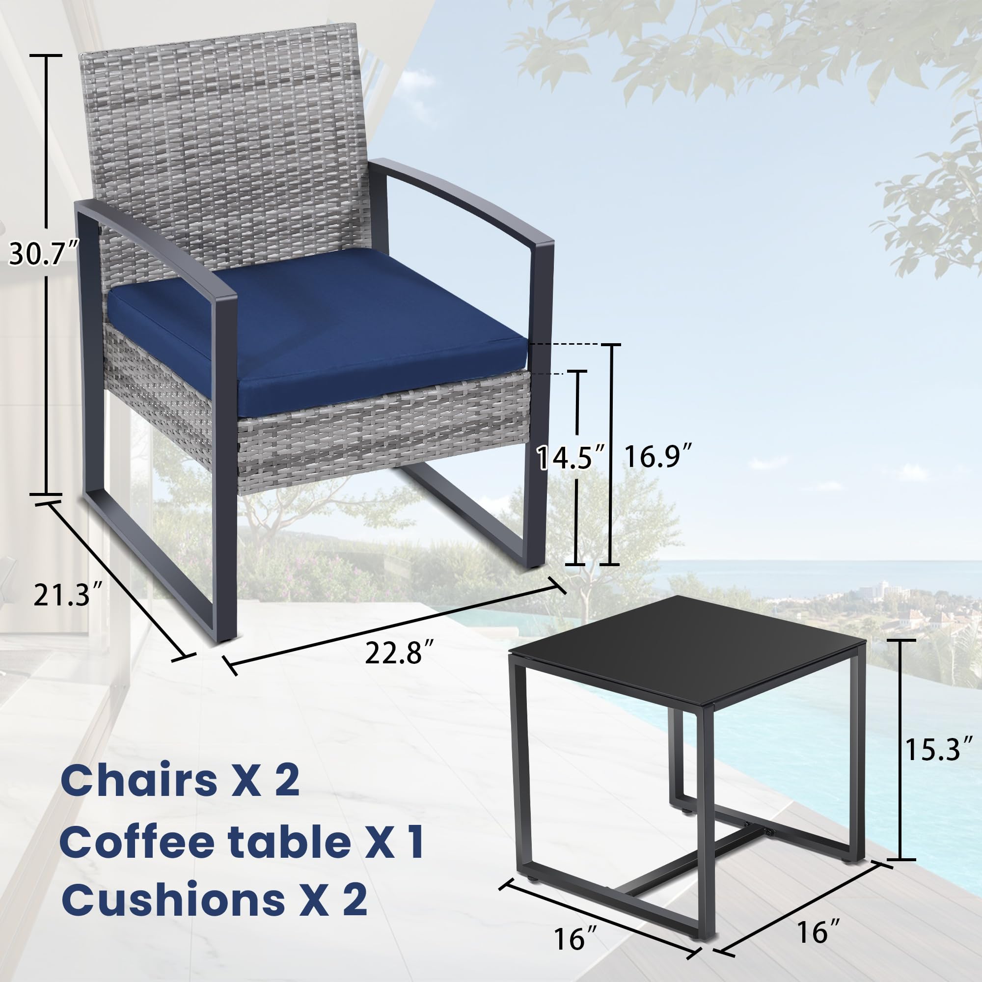 3-Piece Outdoor Wicker Bistro Set with Table & 2 Chairs - Grey Rattan Patio Furniture with Blue Cushions - Perfect for Porch, Balcony, Garden & Backyard Relaxation