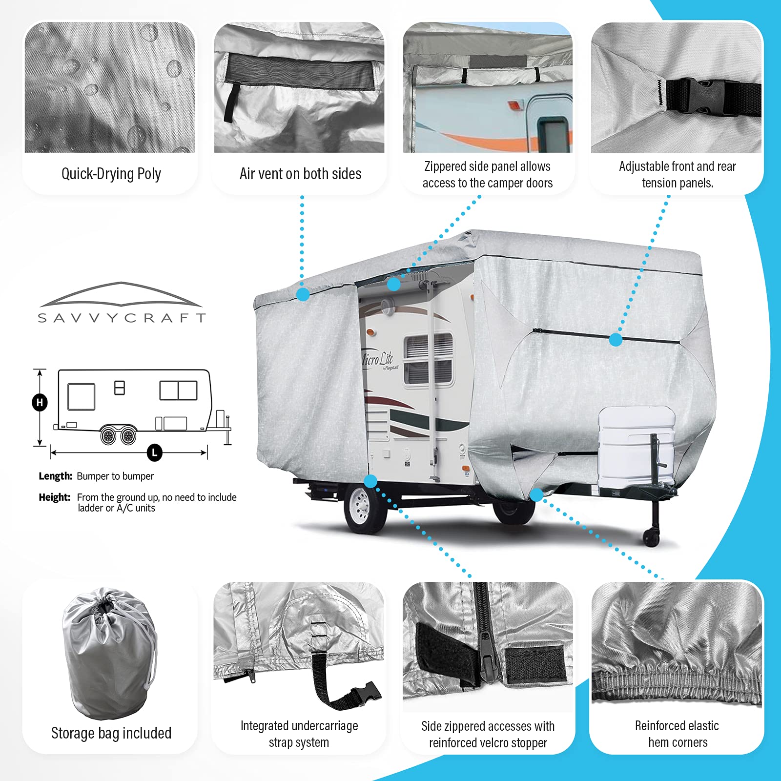 SavvyCraft ShieldAll Heavy Duty RV Trailer Cover with Access Panels - Waterproof Travel Camper Cover for 20-22 Feet Trailers - Perfect for Outdoor Storage, Winter Protection & Camping Adventures