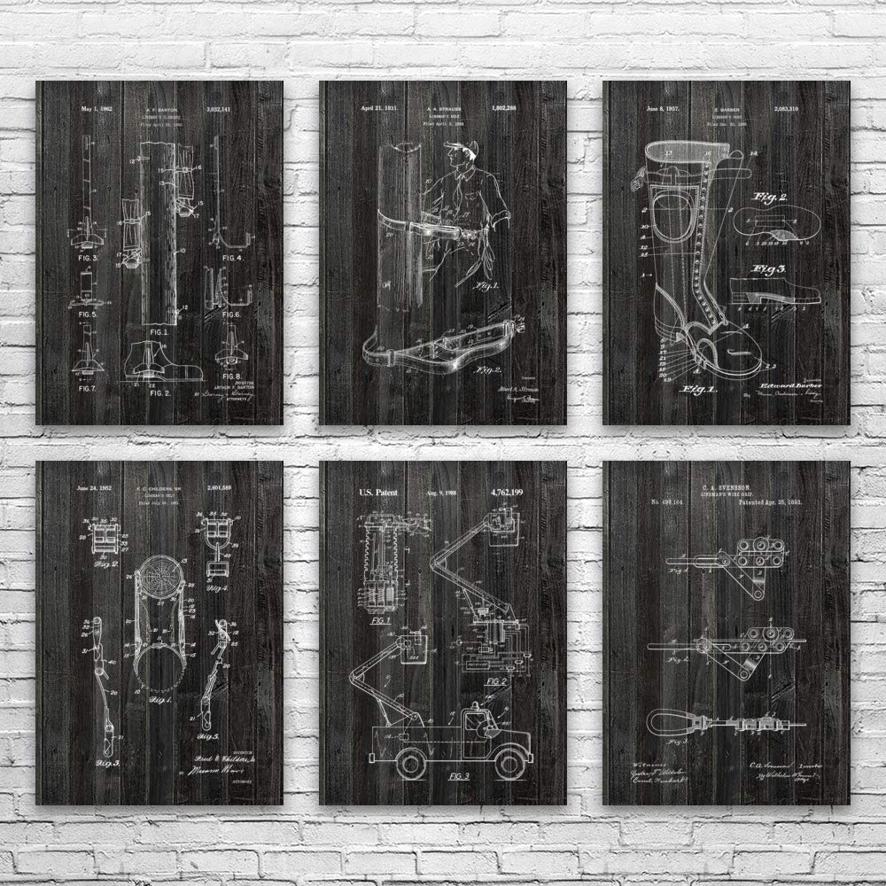 Patent Earth Lineman Gear Posters Set of 6 - Lineworker Gift for Powerline Technicians & Electrical Engineers - Weathered Wood Wall Art (20x24 inches) - Perfect for Workshop Decor, Utility Room, or Lineman Appreciation Gifts
