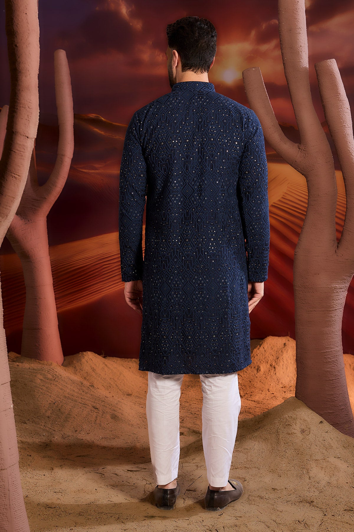 Elegant Navy Blue Chikankari Kurta with Geometric Embroidery - Traditional Indian Tunic for Women - Perfect for Festivals, Weddings & Casual Wear