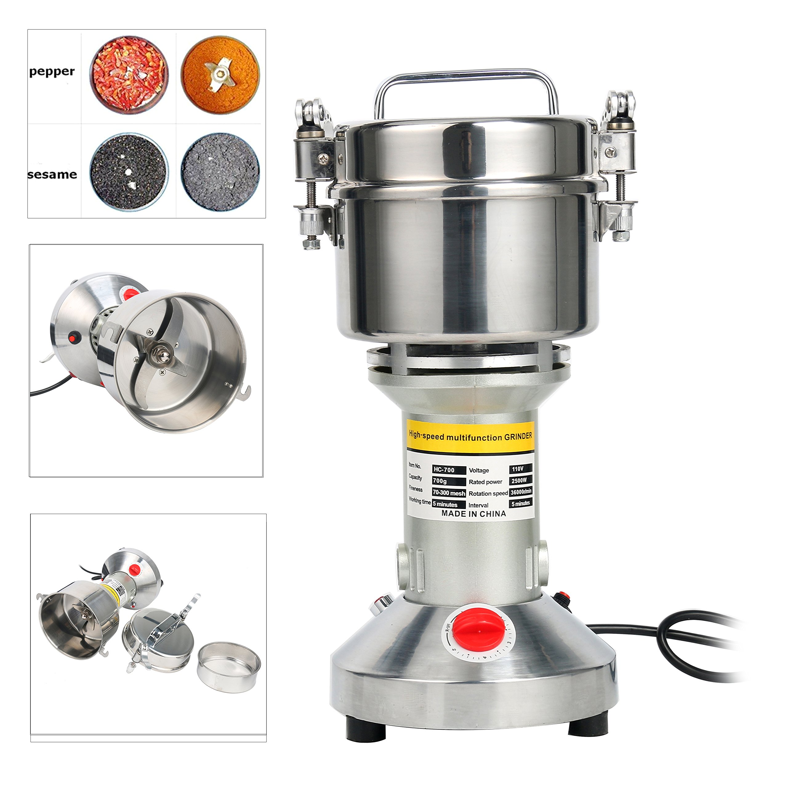 700g Commercial Electric Grain Mill Grinder - 2500W High-Speed Stainless Steel Powder Machine for Spices, Herbs, Pepper & Coffee - 70-300 Mesh, 36000 RPM - Perfect for Home Kitchens, Bakeries & Coffee Shops