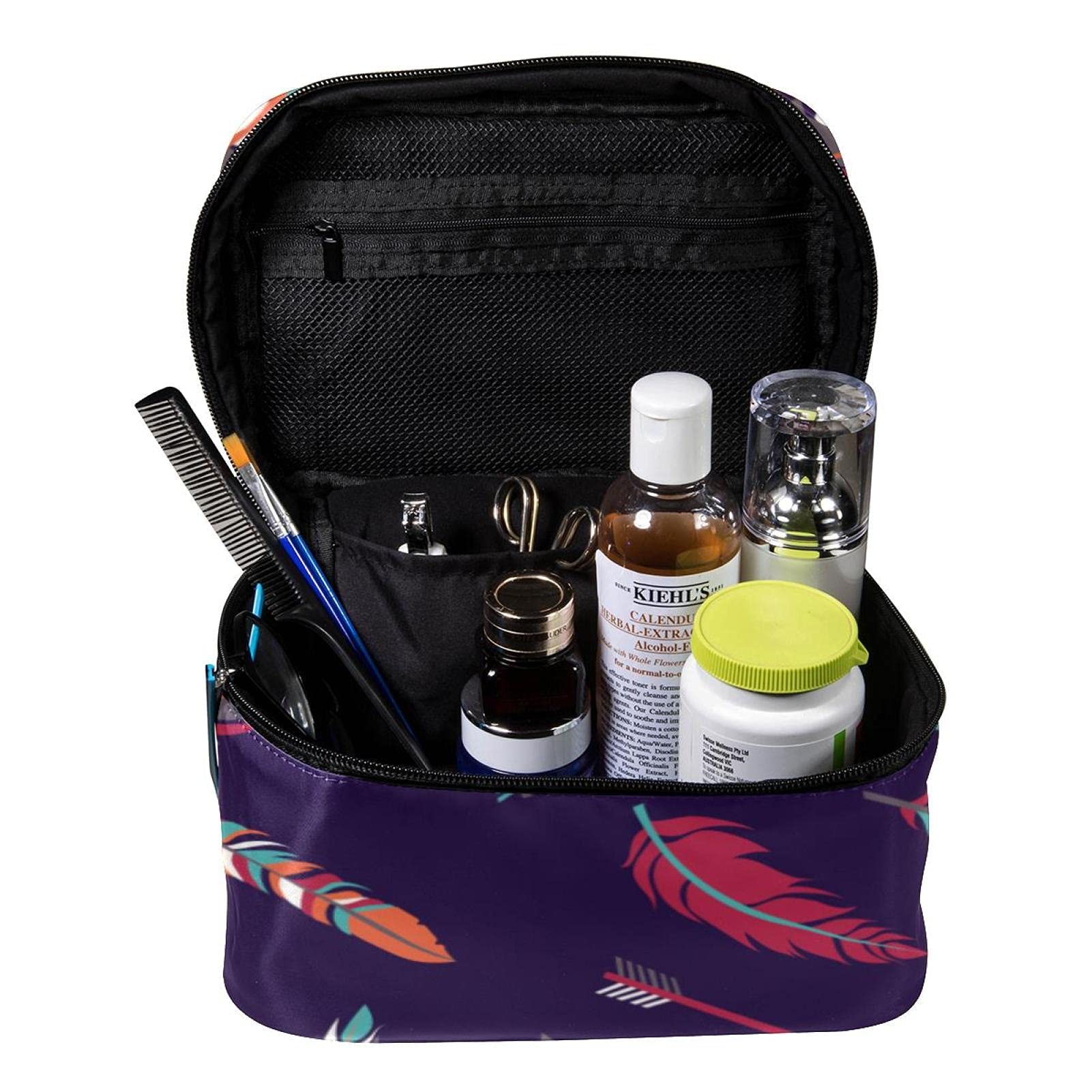 Boho Feather & Arrow Print Large Travel Makeup Bag - Waterproof Cosmetic Organizer with Zipper for Women & Girls | Perfect for Vacation, Gym, Beach Essentials Storage