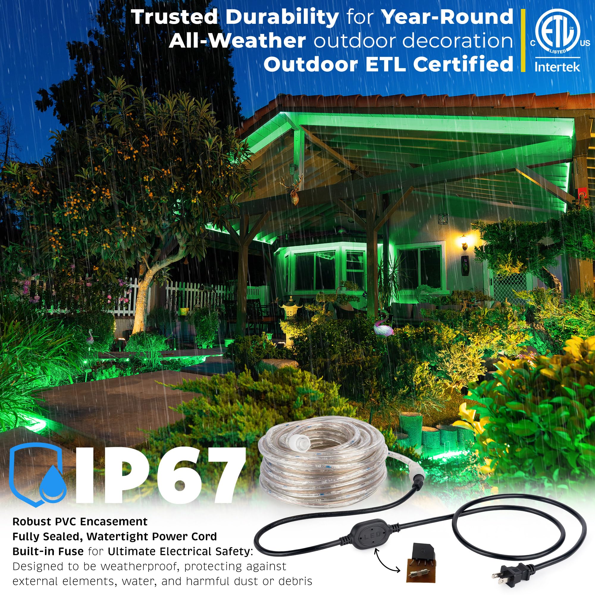 1656LEDs 150ft Waterproof Outdoor LED Rope Lights - ETL Certified Connectable Clear Tube for Christmas, Palm Tree, Holiday, Landscape, Patio Decoration - Green | Perfect for Backyard, Garden, and Party Lighting