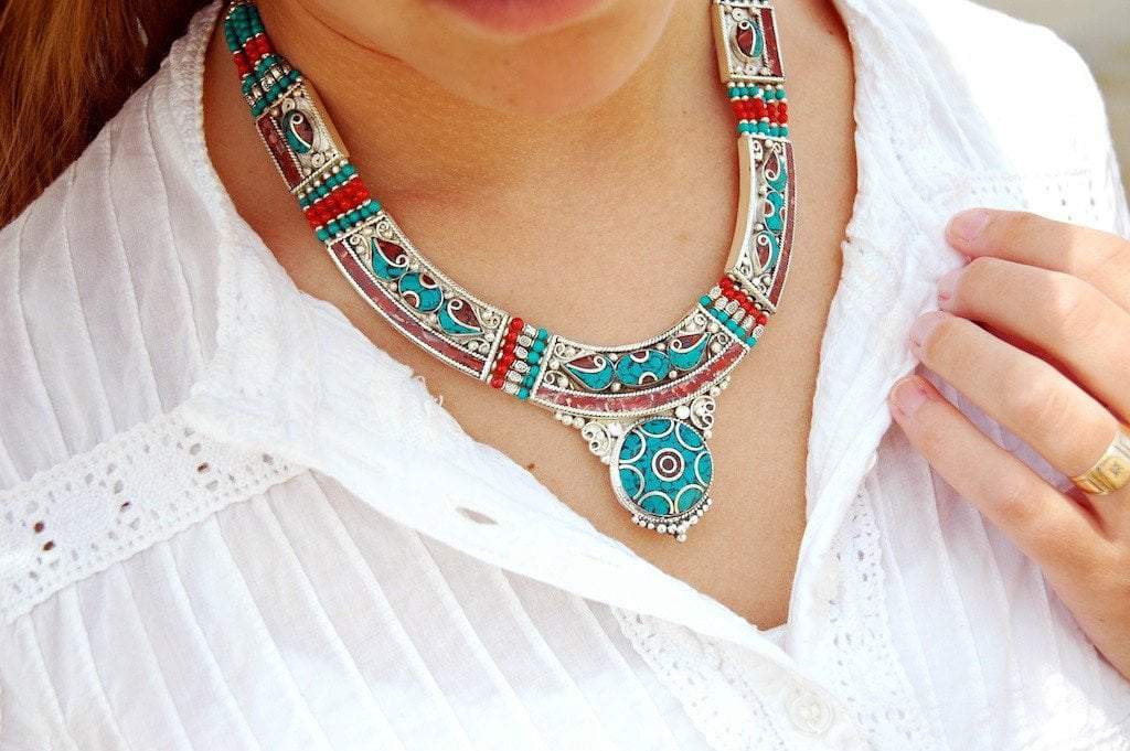 Tibetan Statement Necklace - Handmade Boho Jewelry for Women, Unique Ethnic Beaded Necklace for Festivals, Weddings & Special Occasions