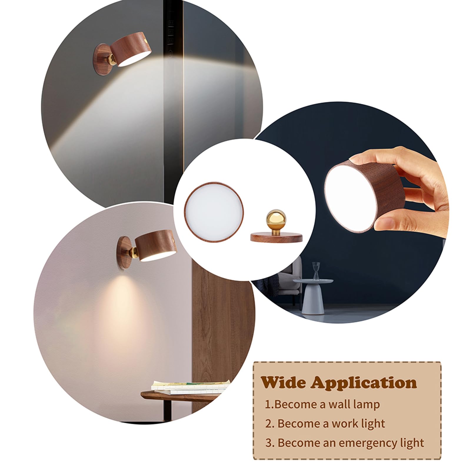 LANDGOO Rotatable USB Rechargeable Magnetic LED Wall Sconce - Dimmable Reading Light for Bedroom, Cabinet & Night Light | Battery Operated, Sapele Wood Finish, Modern Household Lighting