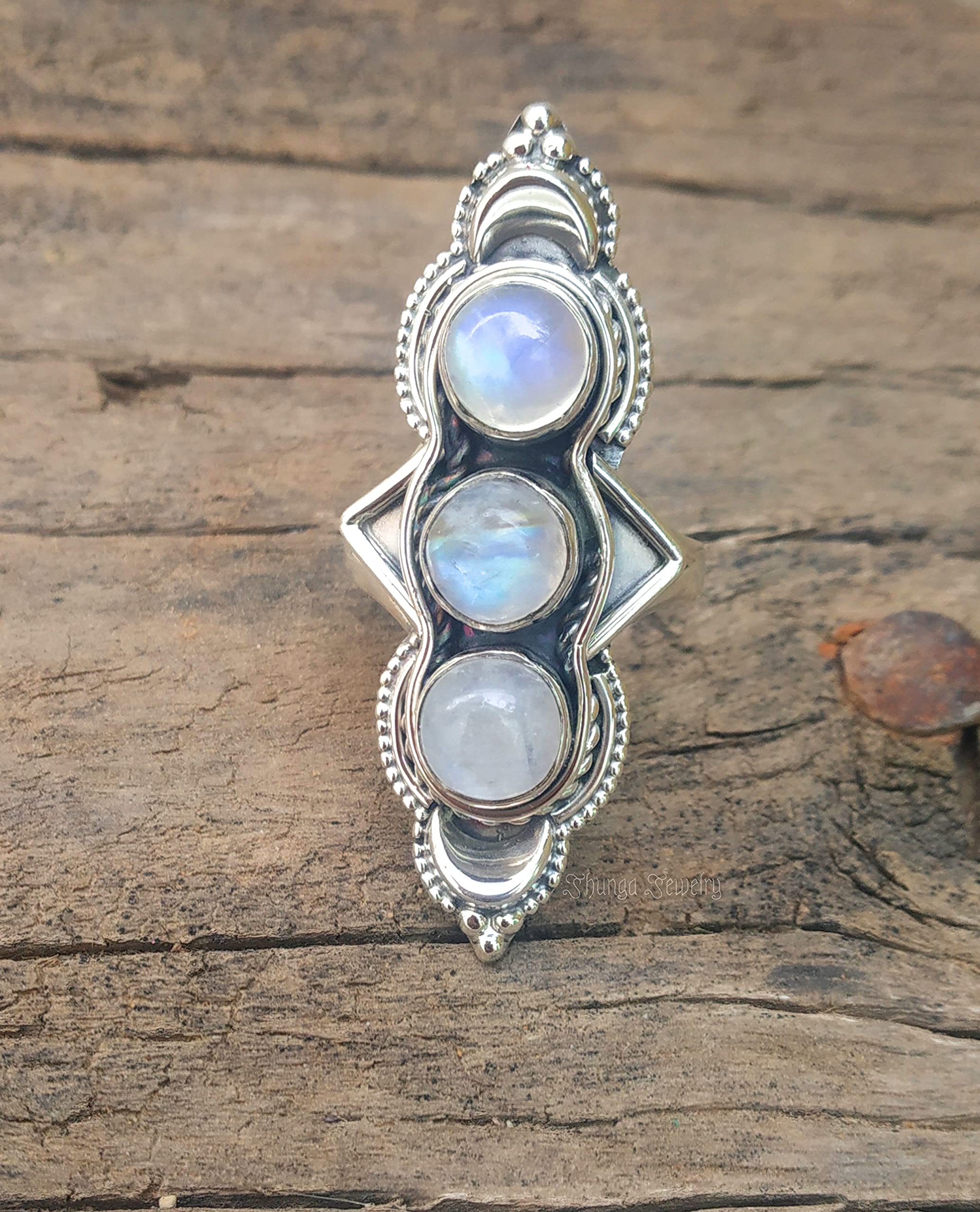 Genuine Rainbow Moonstone Ring - 925 Sterling Silver Statement Ring with Blue Flash, Three Stone Design for Women | Perfect for Weddings, Parties & Everyday Elegance