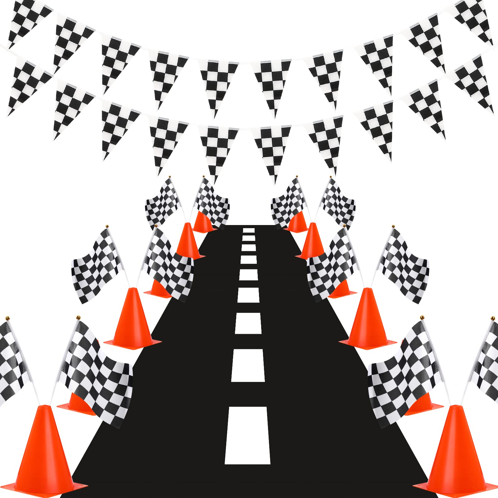 Skylety 12-Piece Traffic Cones & Racing Flags Set - Includes 12 Plastic Safety Cones, 12 Checkered Race Flags with Poles, 31ft Checkered Pennant Banner & 9.8x2ft Race Track Floor Mat - Perfect for Kids' Racing Games, Sports Events & Outdoor Activities
