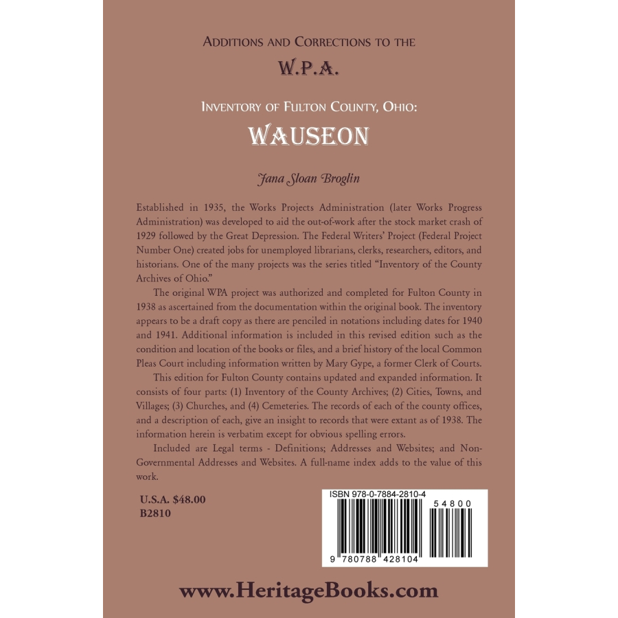 W.P.A. Inventory of Fulton County, Ohio: Additions and Corrections for Wauseon - Historical Research & Genealogy Resource for Ohio Ancestry Studies