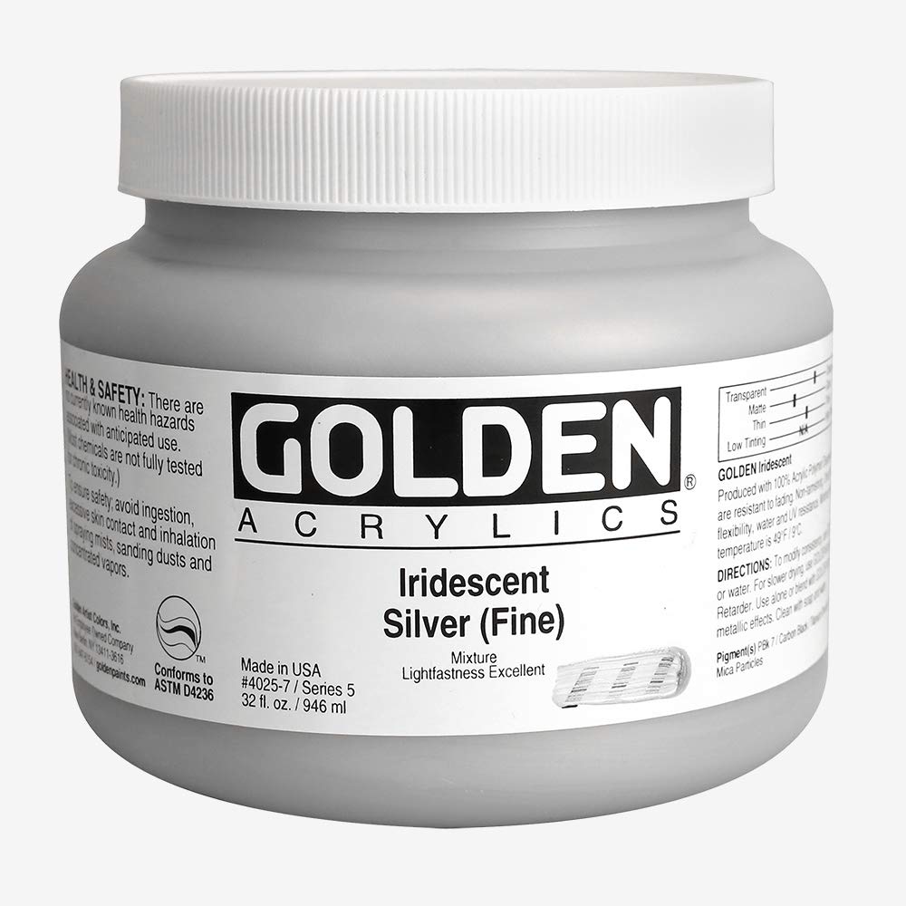 GOLDEN Heavy Body Acrylic Paint - Iridescent Silver (Fine), 32 oz Jar, Professional Grade Semi-Opaque Acrylics for Canvas Painting, DIY Crafts & Fine Art Projects