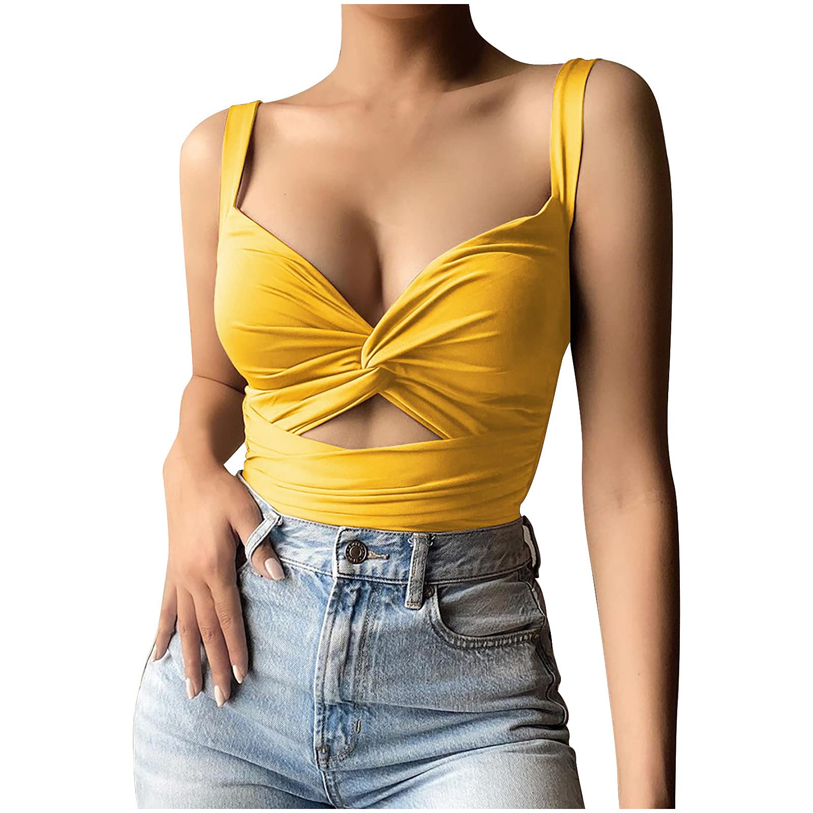 Sexy Black Low Cut Sleeveless Tank Top for Women - Front Twist Knot Y2K Style Summer T-Shirt | Perfect for Date Night, Clubwear & Casual Outfits