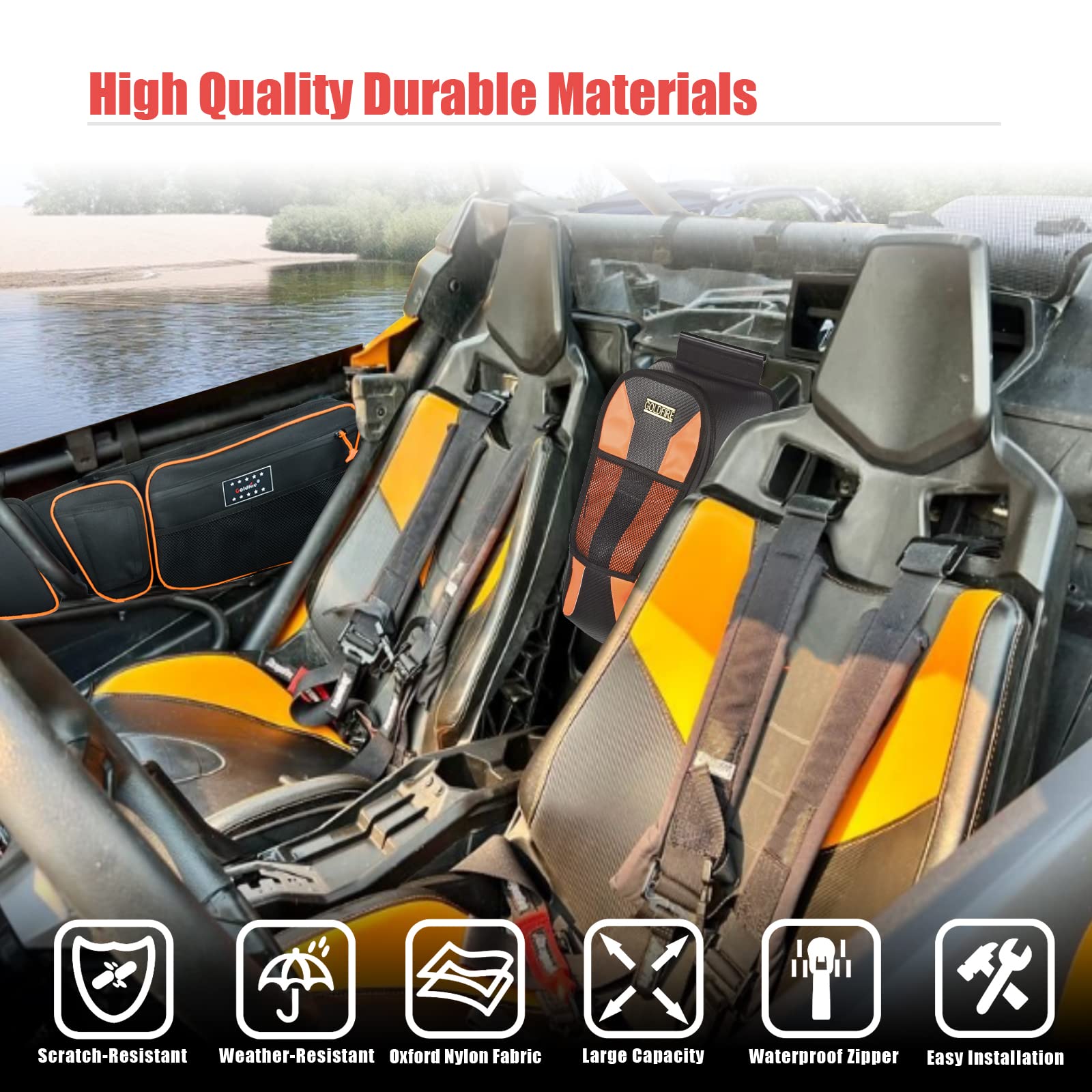 **Can Am Maverick X3 Accessories - Goldfire X3 Front Upper Door Storage Bags, Tool Organizer & Gear Bags with Removable Knee Pad (2017+ Maverick X3 Max/XRS/XDS/Turbo RR) - Red Piping - Perfect for Off-Roading & Adventure Gear Storage**