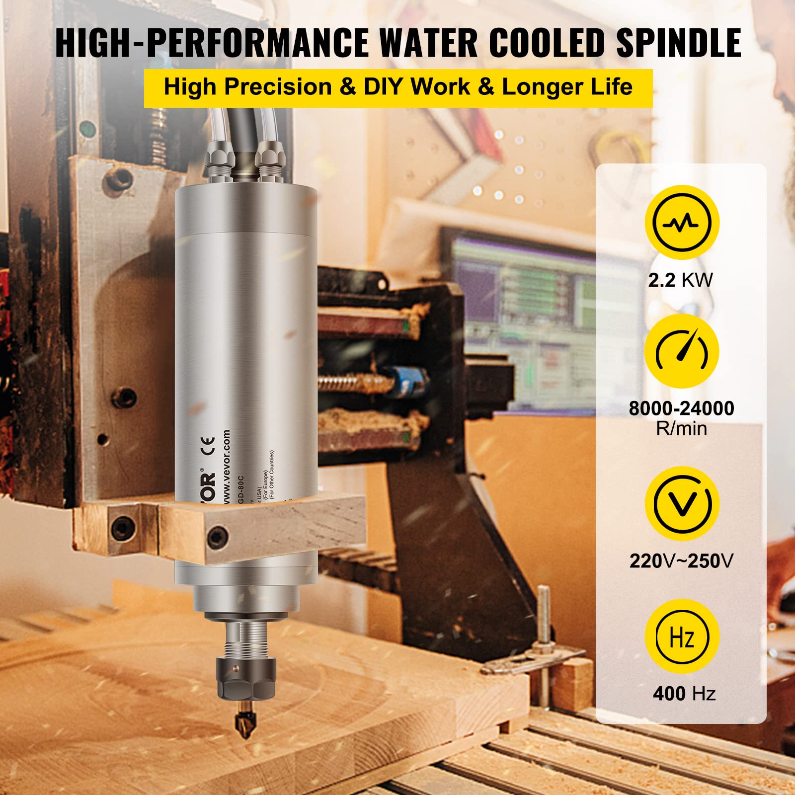 2.2KW Water Cooled CNC Spindle Motor Kit for Router, Engraving & Milling Machines - High Precision CNC Spindle for Woodworking, Metal Cutting & DIY Projects