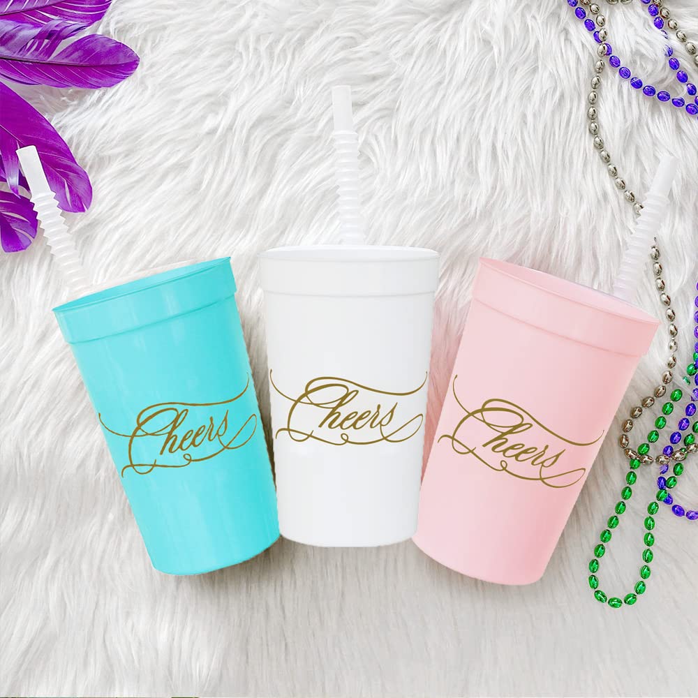 LADY&HOME 15 Pack 16 Oz Reusable Plastic Party Cups - Elegant & Durable Cheers Cups for Wedding, Birthday, Bridal Shower & Special Events (Pink) - Perfect for Cocktails, Mocktails & Champagne Toasts
