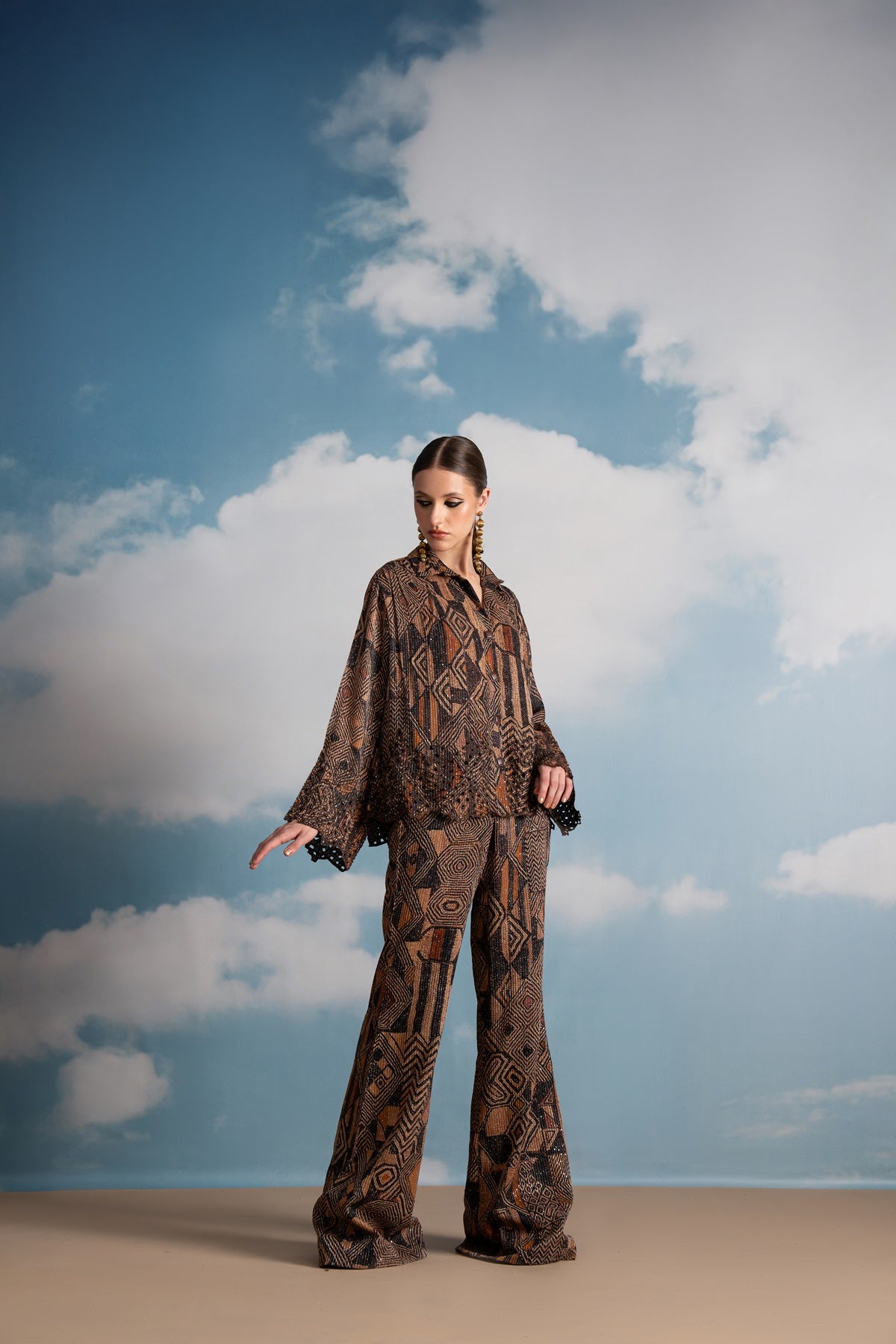 Stylish Brown Geometric Print Cutwork Co-Ord Set for Women | Trendy Matching Outfit | Perfect for Casual Wear, Date Nights & Summer Vacations
