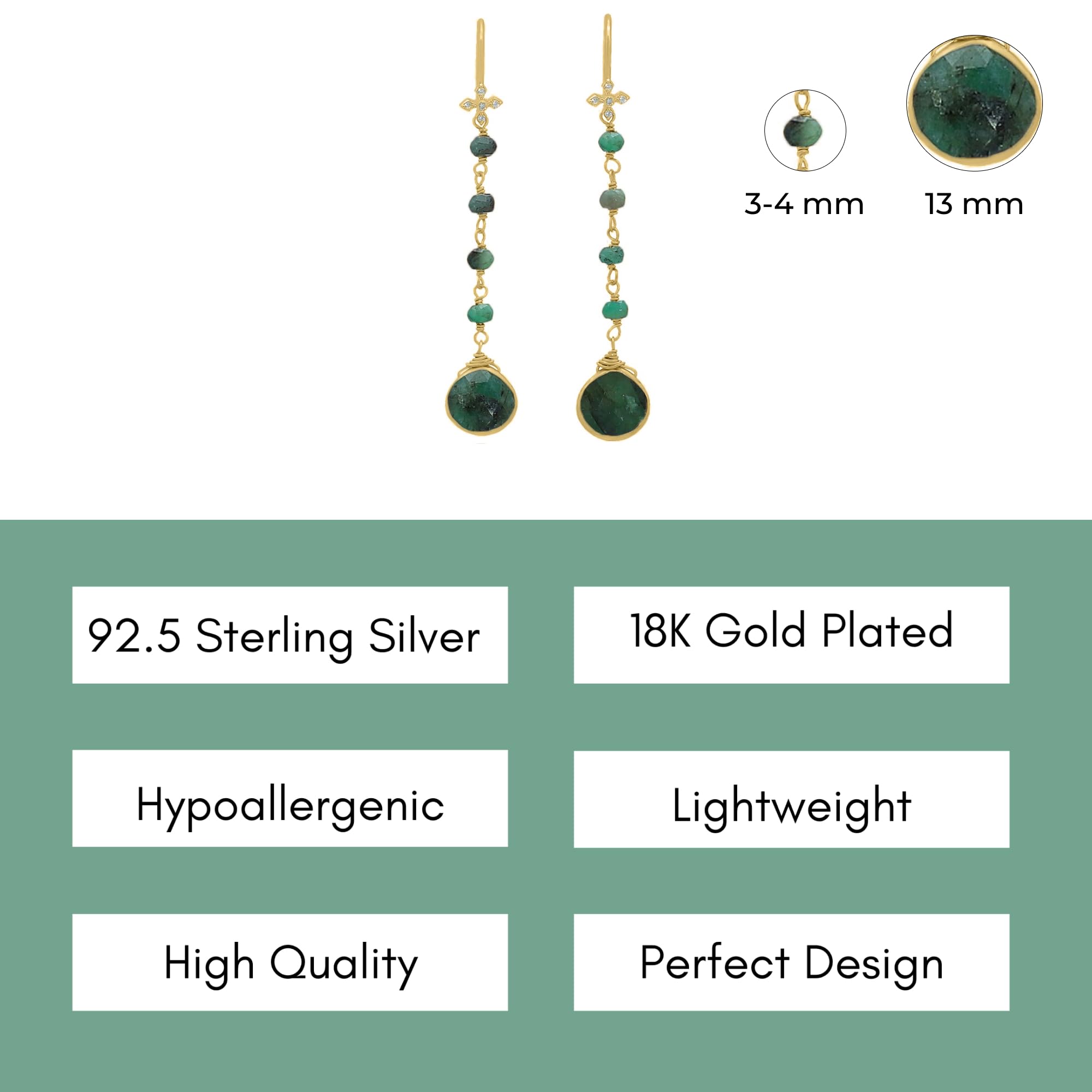 Genuine Emerald Earrings for Women - 925 Sterling Silver & 18K Gold Plated May Birthstone Jewelry | Trendy Heart Dangle Earrings with Long Chain | Perfect Gift for Mother's Day, Teens & Girls | Elegant for Weddings, Parties & Special Occasions