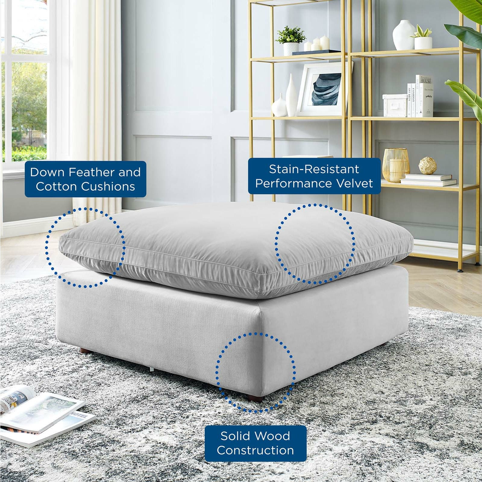 Premium Commix Down Filled Overstuffed Performance Velvet Ottoman - Luxurious Living Room Seating & Footrest for Cozy Home Decor