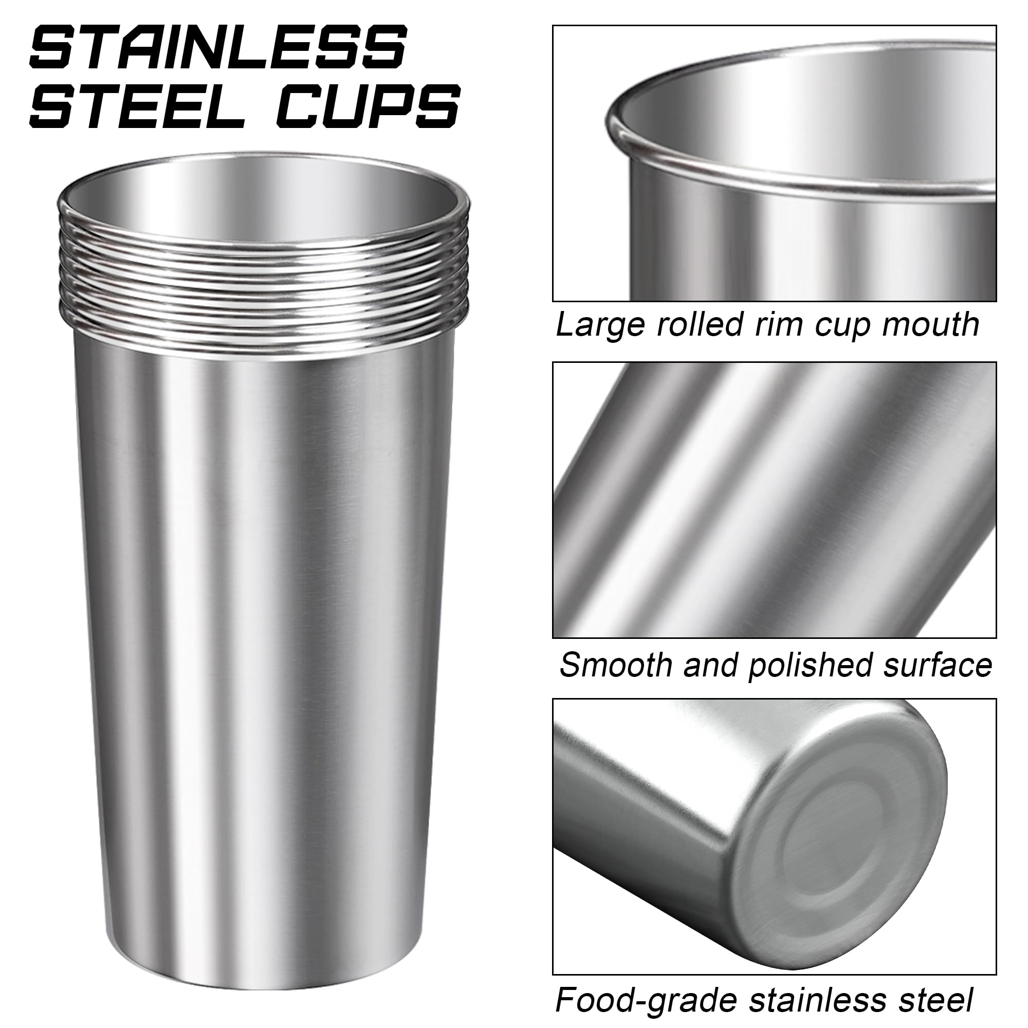 Ruisita 6 Pack 20 oz Stainless Steel Cups - Shatterproof, Stackable Metal Drinking Glasses for Adults & Kids (20 oz/600 ml) - Perfect for Camping, Picnics, Parties & Outdoor Adventures