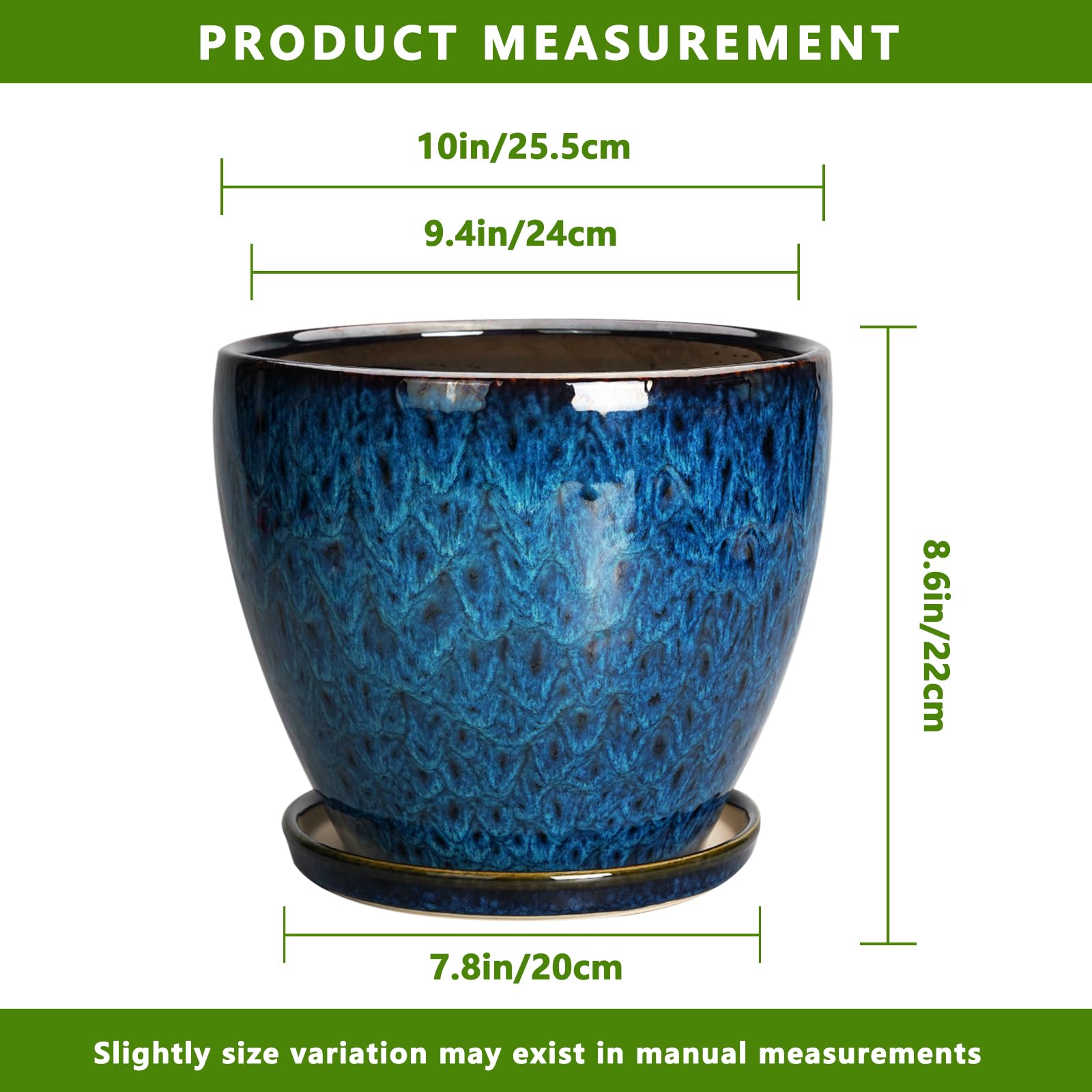 10 Inch Round Ceramic Planter Pot with Drainage Hole & Saucer - Large Indoor Outdoor Flower Pot for Plants, Succulents, Herbs - Perfect for Home Decor, Garden, Patio, Balcony