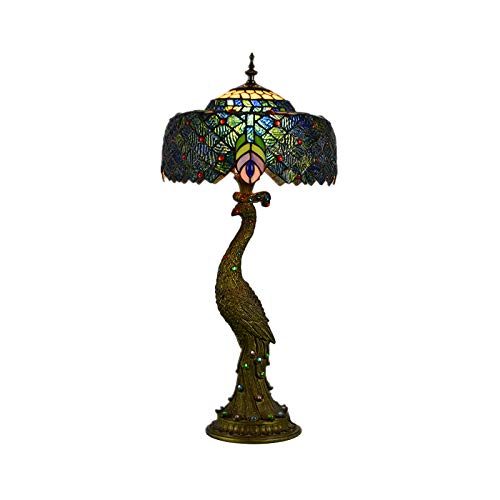 LITFAD Tiffany Style Peacock Desk Lamp - Handcrafted Stained Glass Shade with Brass Base, Adjustable Task Light for Home Office, Bedroom Nightstand, Reading Nook - Perfect Study & Decorative Lighting