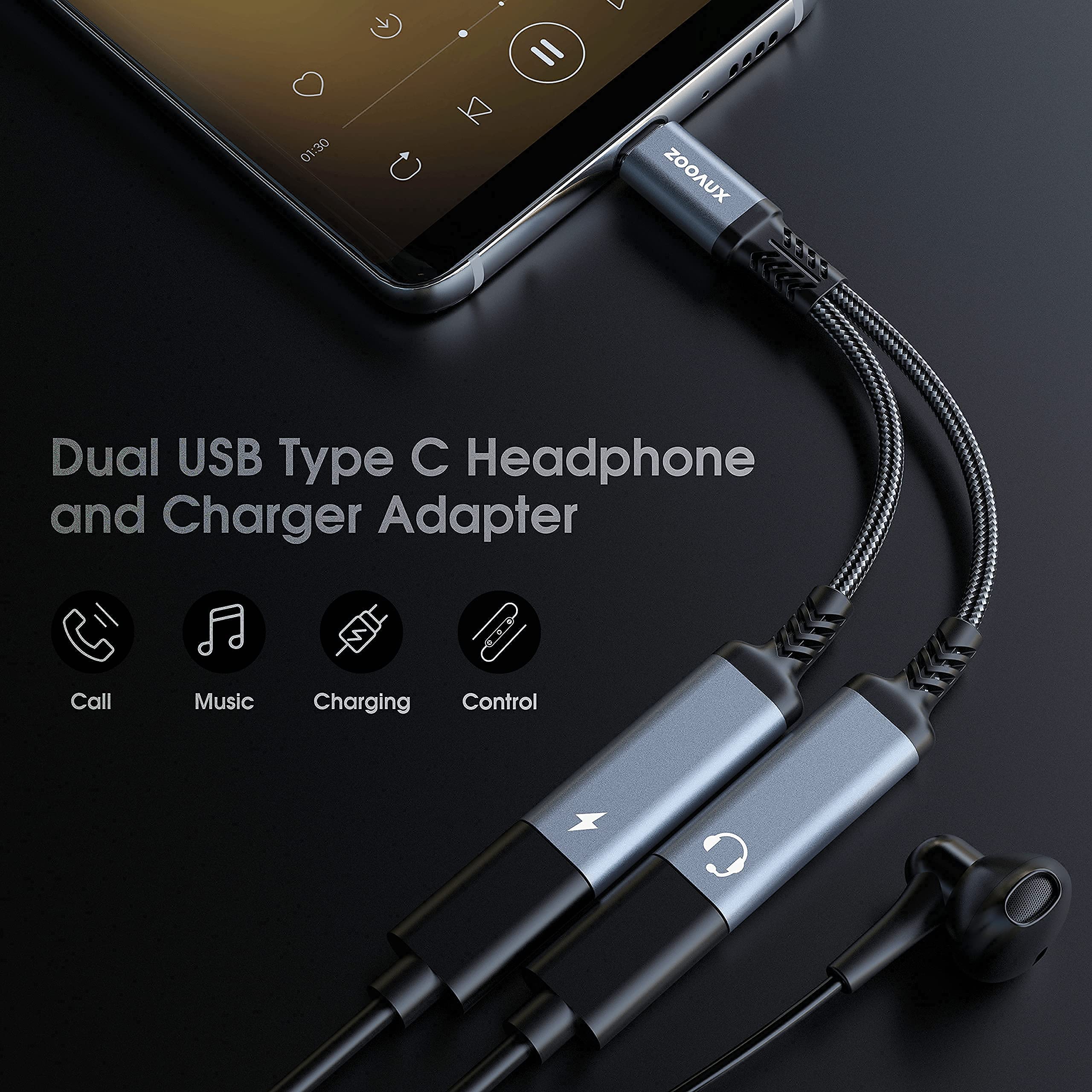 ZOOAUX Dual USB C Headphone and Charger Adapter with 3.5mm Jack - 2-in-1 Audio & Power Adapter for iPhone 15, iPad Pro, MacBook - Perfect for Travel, Work & Gaming