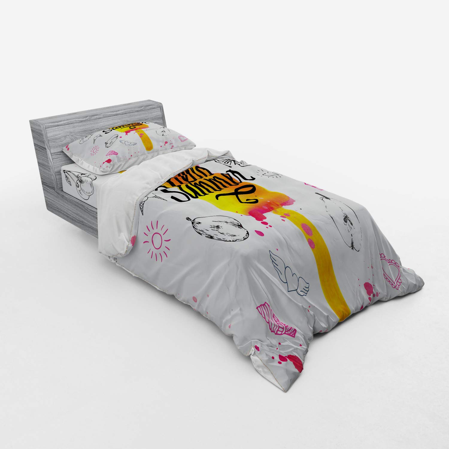 Ambesonne Ice Cream Duvet Cover Set - 3 Piece Twin Size Bedding with Sham & Fitted Sheet | Summer Themed Lime Heart Sun Cake Print | Perfect for Kids' Rooms, Teen Bedrooms & Summer Decor