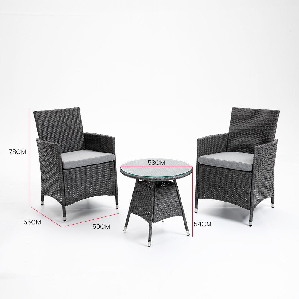3 Piece Outdoor Patio Furniture Set - Grey Wicker Table and Chairs for Garden, Backyard, Poolside & Balcony Relaxation