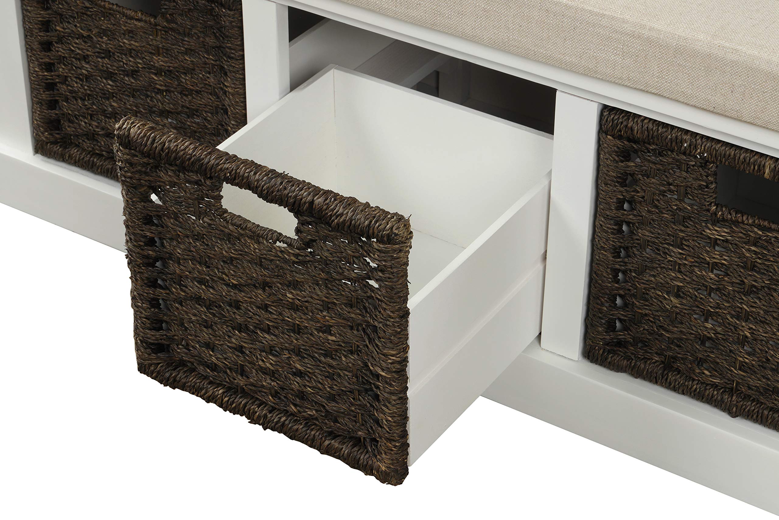 Rustic Entryway Storage Bench with 3 Removable Rattan Baskets & Cushion - No Assembly Required, White - Perfect for Hallway Organization & Living Room Seating