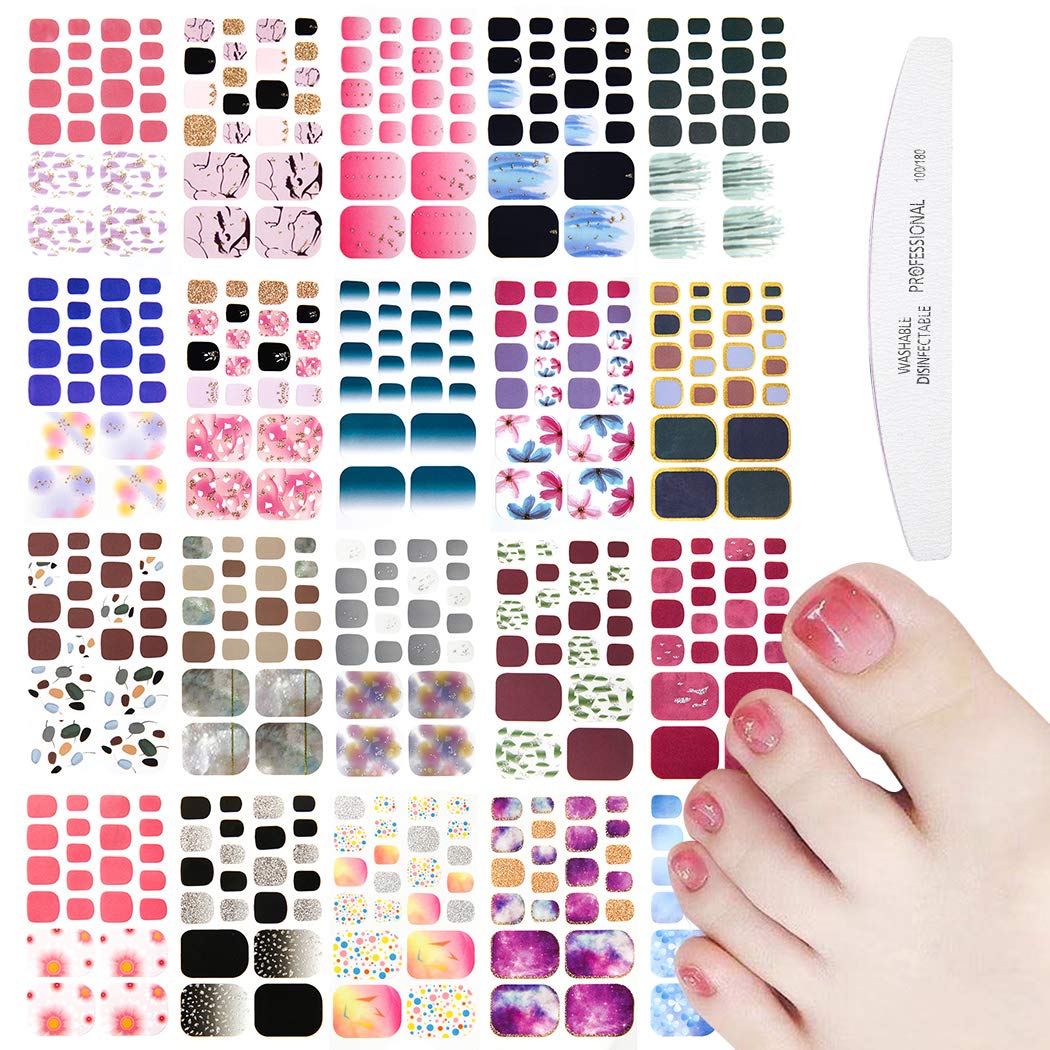 WOKOTO 20 Sheets Gradient Toe Nail Polish Strips & Stickers Kit with Nail File | 22 Colorful Glitter Tips per Sheet | DIY Manicure Set for Women | Perfect for Home Nail Salon, Parties & Gift Giving