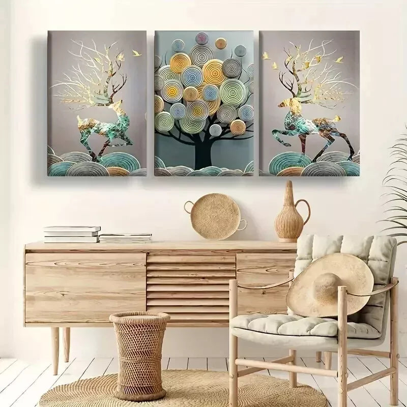 3-Piece Abstract Chinese Feng Shui Golden Money Tree Wall Art Set - Framed Canvas 50x70cm - High Quality Print - 100% Australian Made - Ready to Hang - Perfect for Home Decor, Office Feng Shui & Wealth Attraction