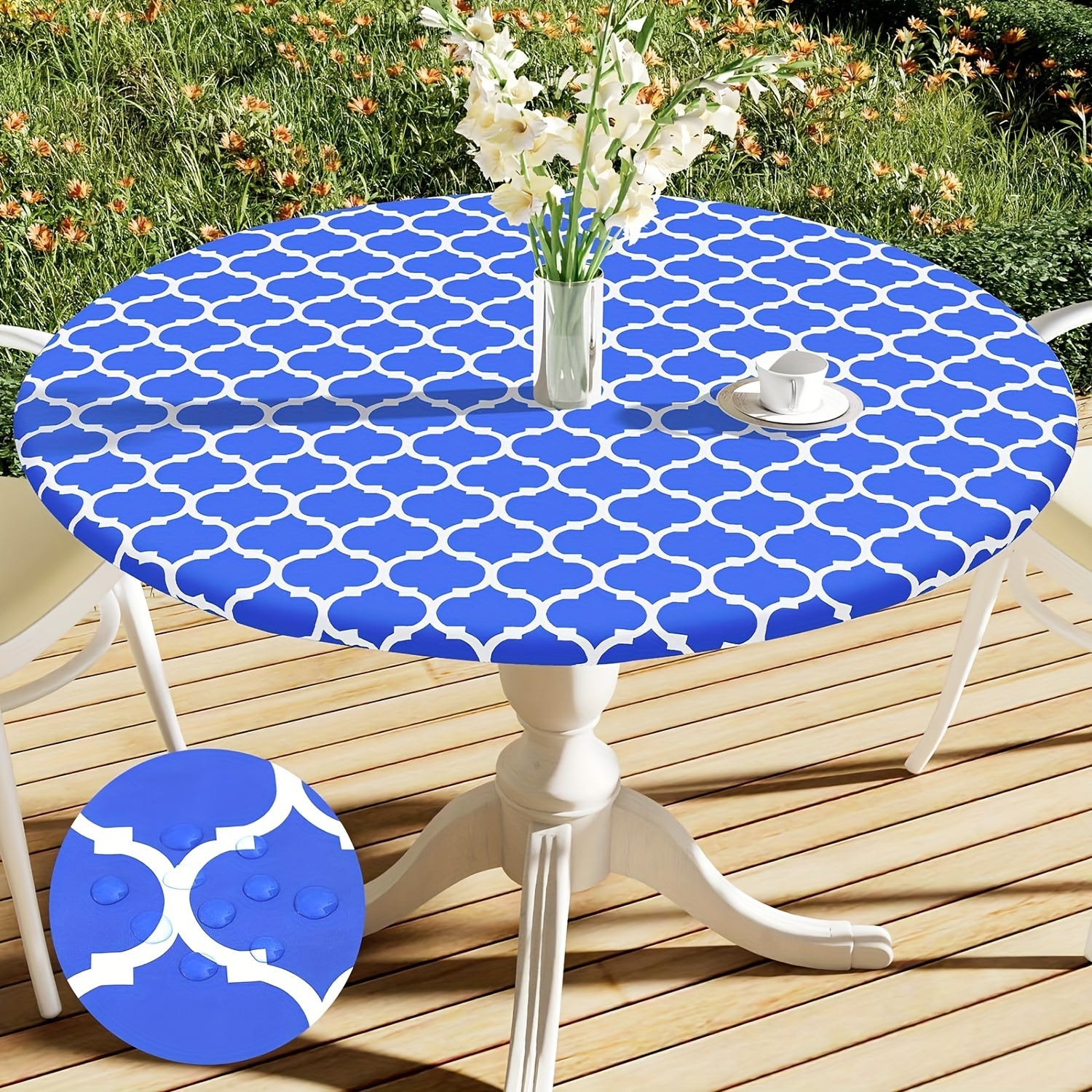 100% Vinyl Round Moroccan Tablecloth - Waterproof & Oil Proof with Flannel Backing, Elastic Edges for Indoor, Outdoor, Patio, Picnic, Camping - Perfect for Dining, BBQs, and Outdoor Gatherings