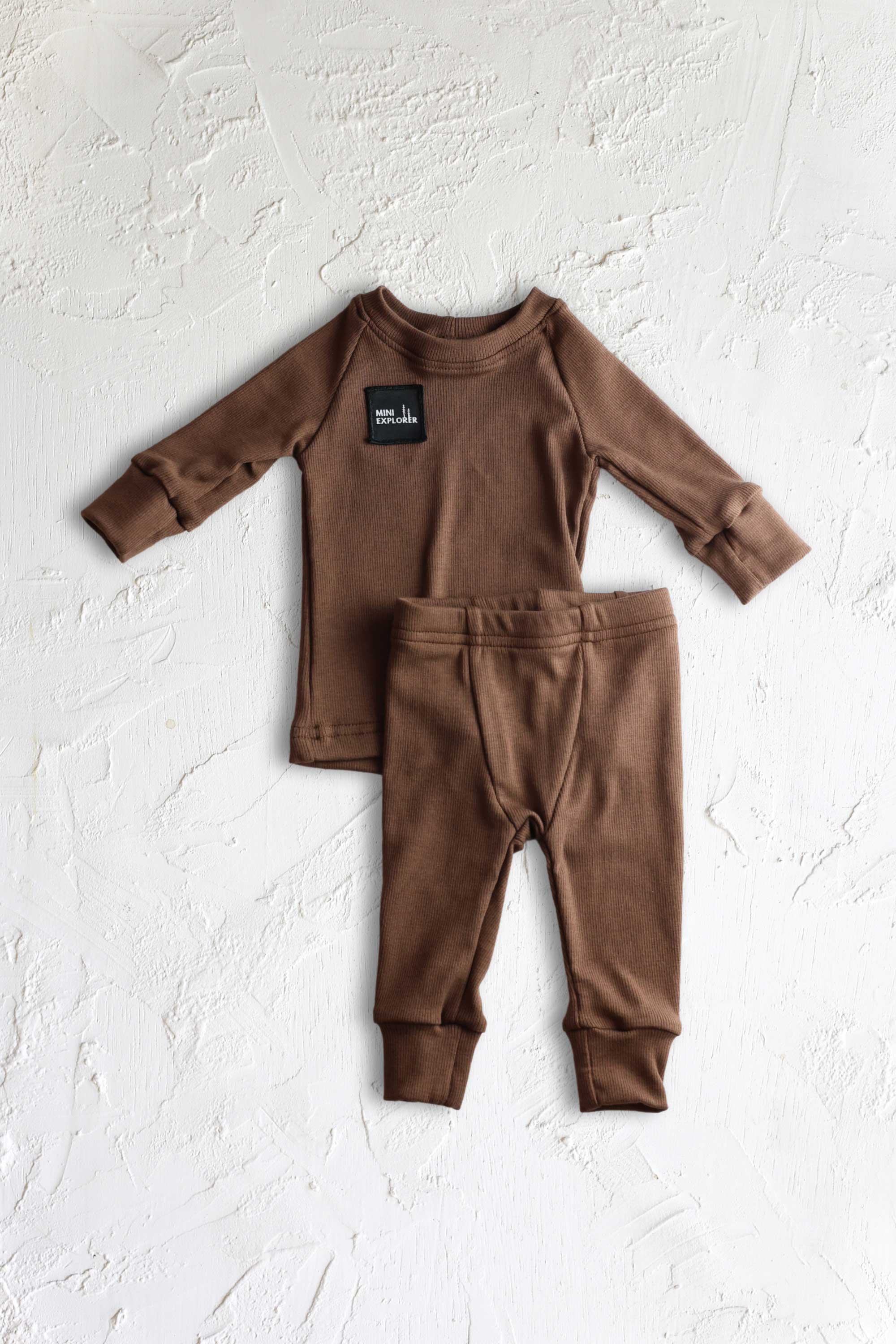 Mini Explorer Cocoa Ribbed Baby Bodysuit & Pants Set - Soft Cotton Outfit for Newborns & Infants - Perfect for Playtime, Photo Shoots & Everyday Wear