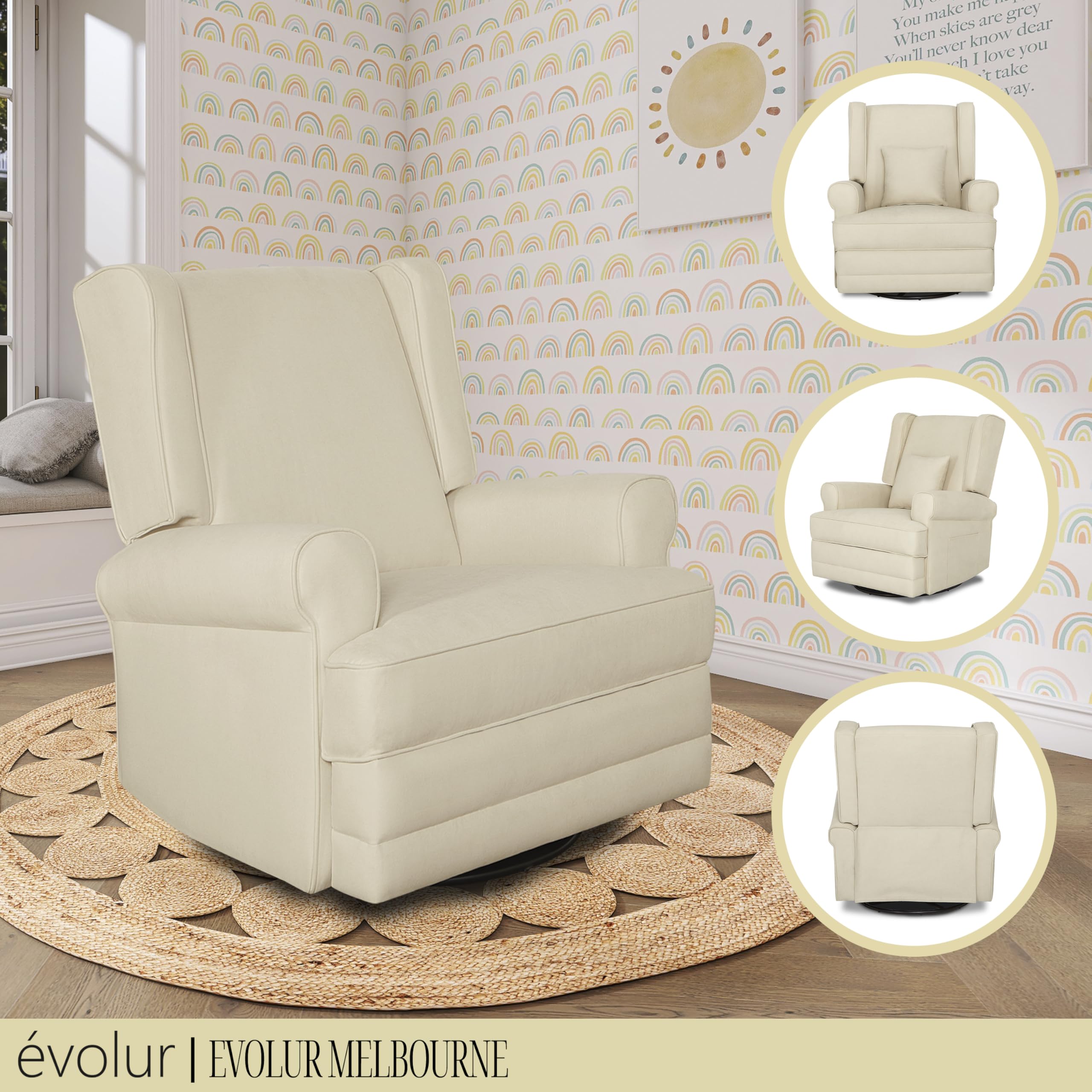 Melbourne Upholstered Swivel Glider Chair - Modern Nursery Recliner with Bonus Pillow | Greenguard Gold Certified | Easy to Clean & Tool-Free Assembly | Perfect for Nursery, Bedroom & Breastfeeding