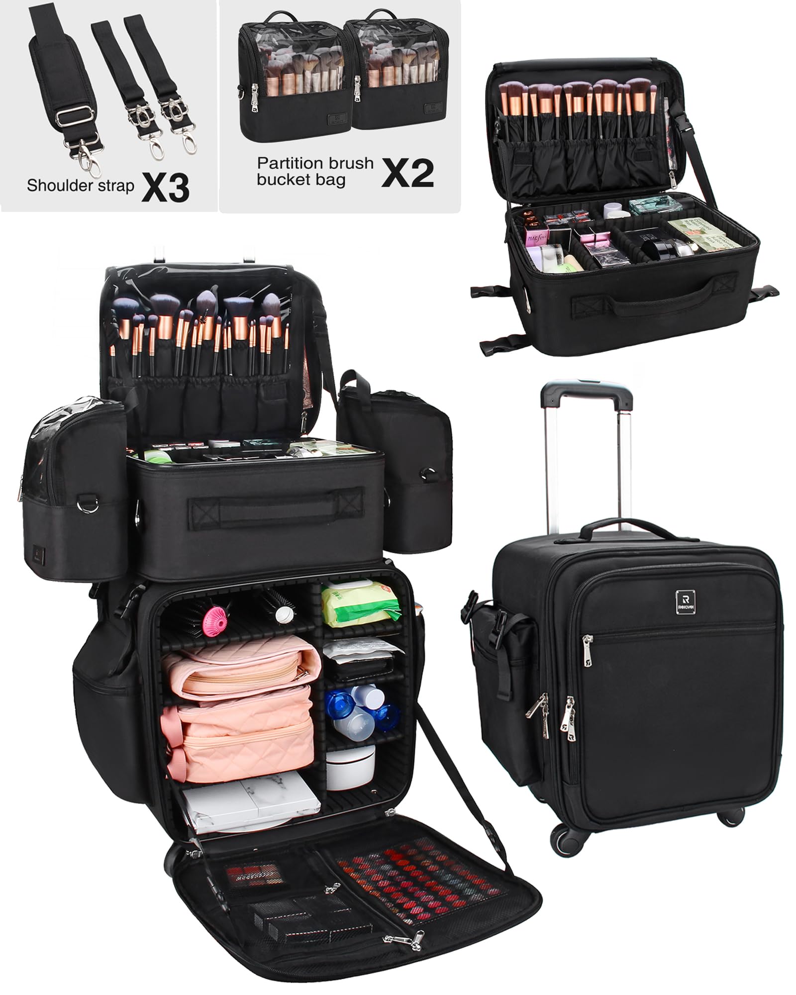 Relavel Professional Rolling Makeup Train Case - 4-in-1 Travel Cosmetic Organizer with Detachable Case, Dual Brush Holder & Wheels (Black, 4-Pack) - Perfect for Makeup Artists, Salon Professionals & Beauty Enthusiasts On-The-Go