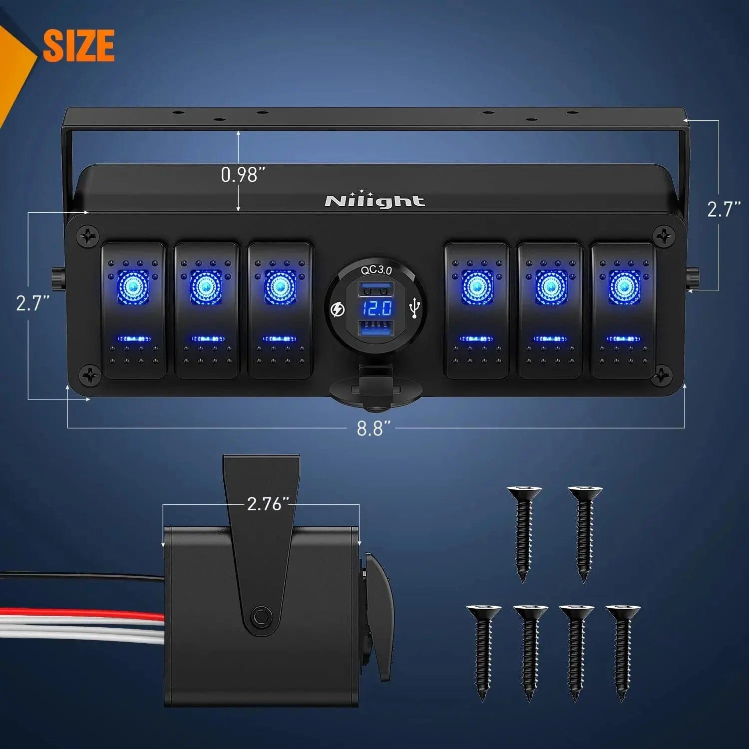 6 Gang Aluminum Rocker Switch Panel with QC 3.0 Dual USB Charger & Voltmeter - Perfect for Marine, RV, Truck, and Boat Electrical Systems
