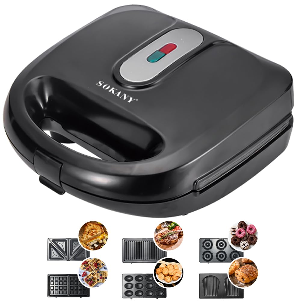 SOKANY 6-in-1 Multi-Function Sandwich Maker & Waffle Iron - 750W Electric Grill with Non-Stick Plates (Panini Press, Donut Maker, Double-Sided Cooking) - Perfect for Breakfast, Snacks & Party Food Preparation