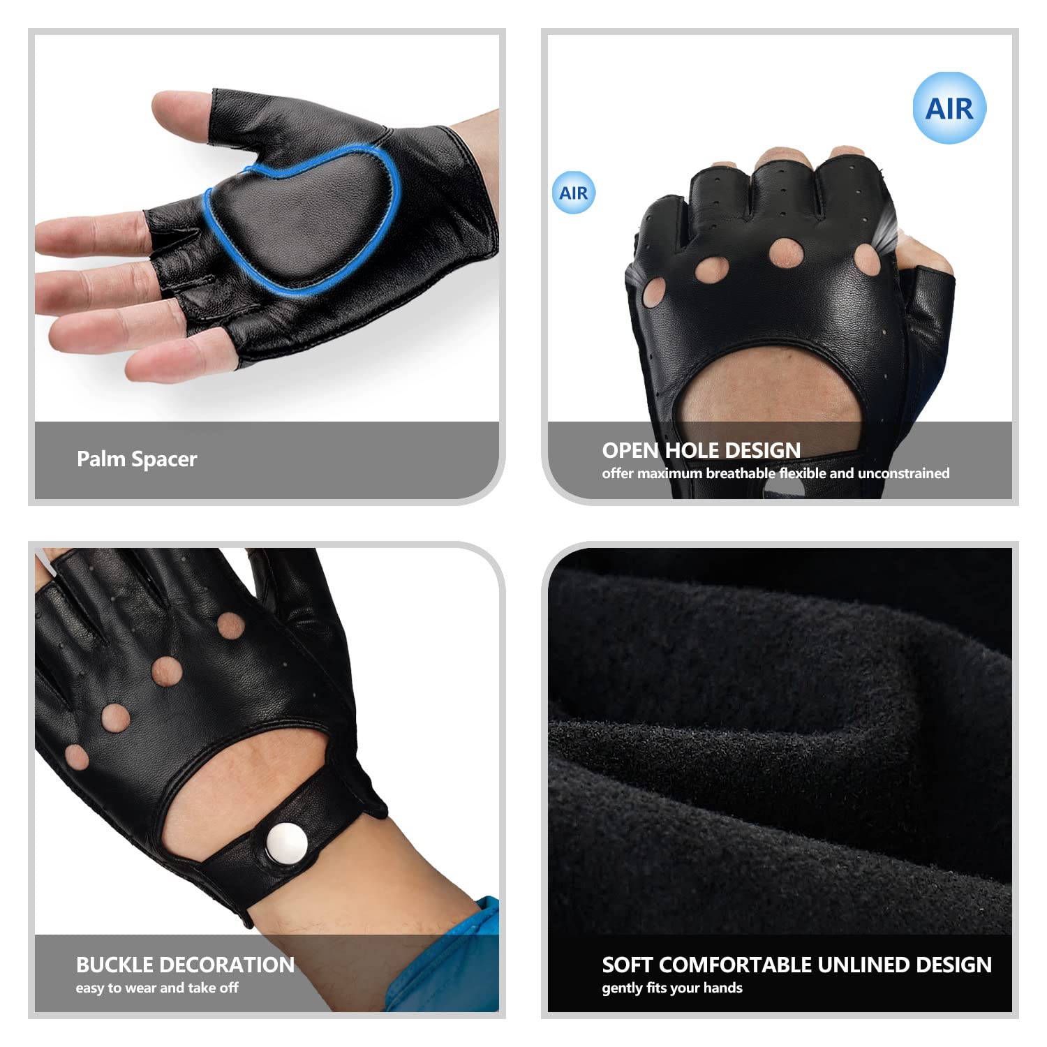 GSG Men's Fingerless Leather Gloves for Driving, Cycling & Motorcycle - Breathable Half Finger Unlined Gloves for Comfort & Grip - Perfect for Commuting, Sports & Outdoor Activities