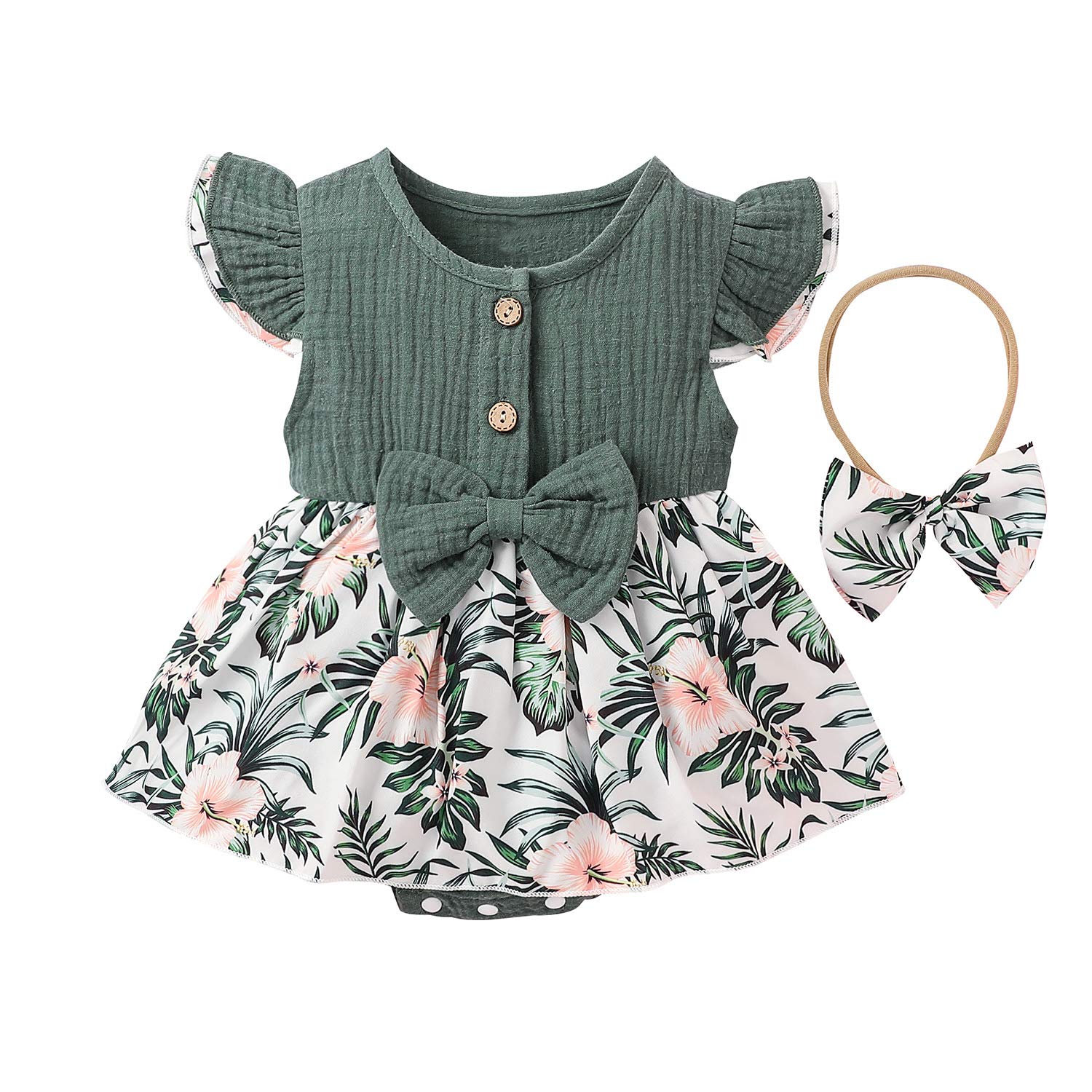 **Newborn Baby Girl Summer Outfit - Floral Ruffle Sleeveless Romper Dress with Bow & Headband | One-Piece Infant Clothes for Photoshoot, Party & Outdoor Play**