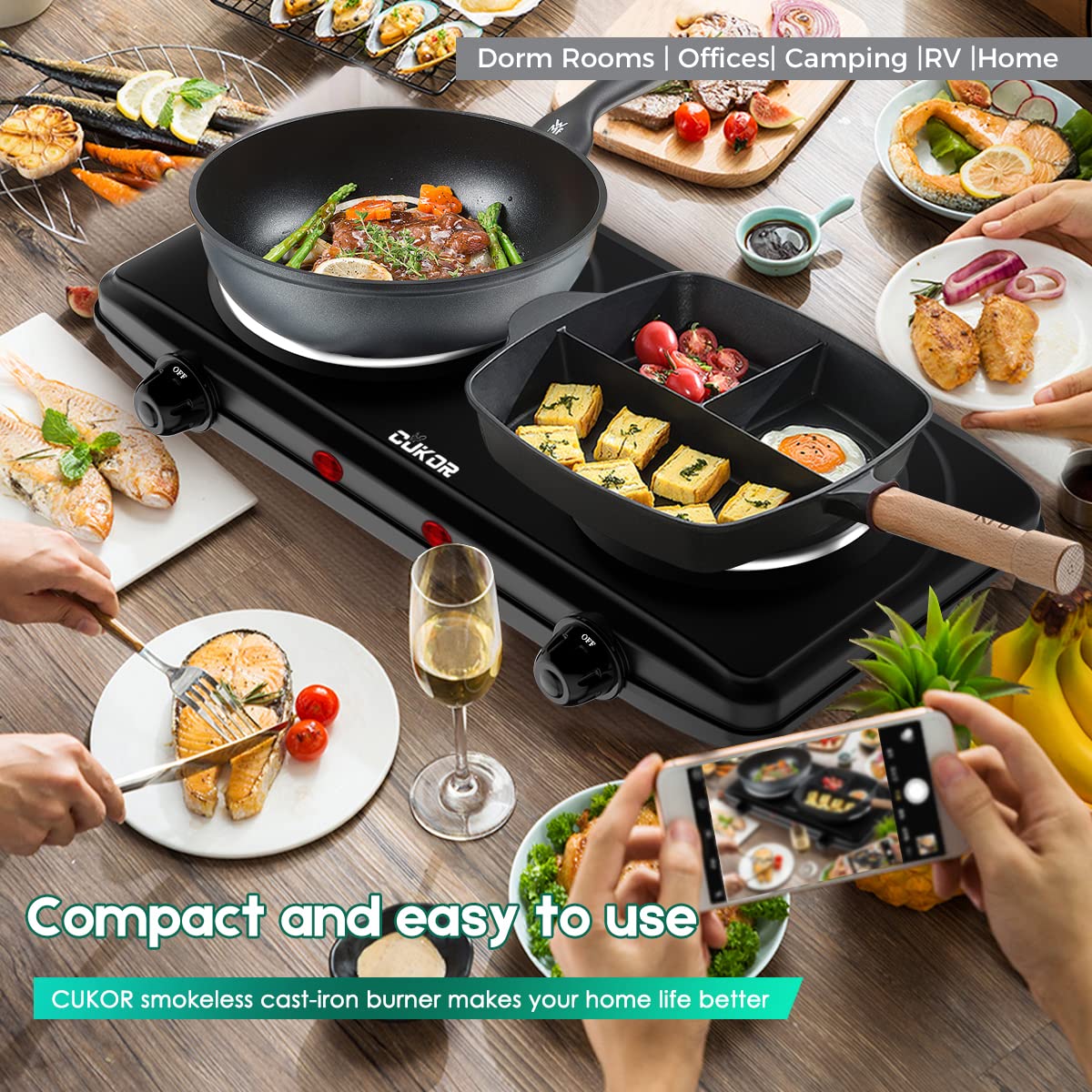 CUKOR 1800W Double Cast Iron Electric Hot Plate - Portable 2 Burner Countertop Stove for Home, RV & Outdoor Cooking | Dual Electric Cooktop with Adjustable Temperature for Camping, Dorm & Kitchen Use