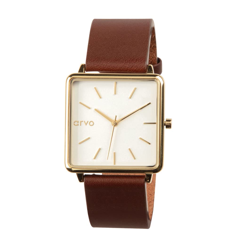 Arvo Time Squared Watch - Gold Stainless Steel Case with Genuine Saddle Leather Band - Minimalist Square Watch for Men & Women - Perfect for Business, Casual & Formal Occasions
