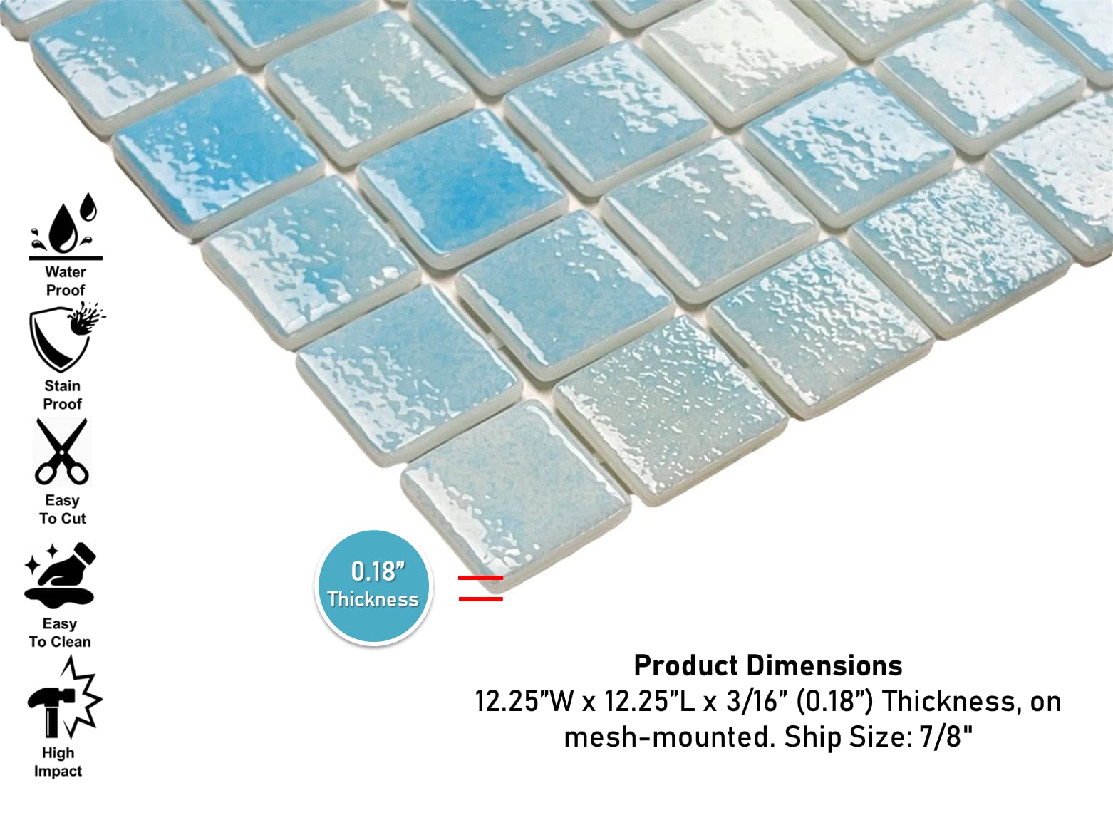 Blue Recycled Glass Mosaic Tile - 7/8 Inch Square Pattern for Kitchen Backsplash, Bathroom Wall, Swimming Pool & Accent Wall | Eco-Friendly Home Decor | Box of 10 Sheets (Sky Blue) | Perfect for Modern Kitchen Renovation, Spa Bathroom Design & Luxury Pool Decoration