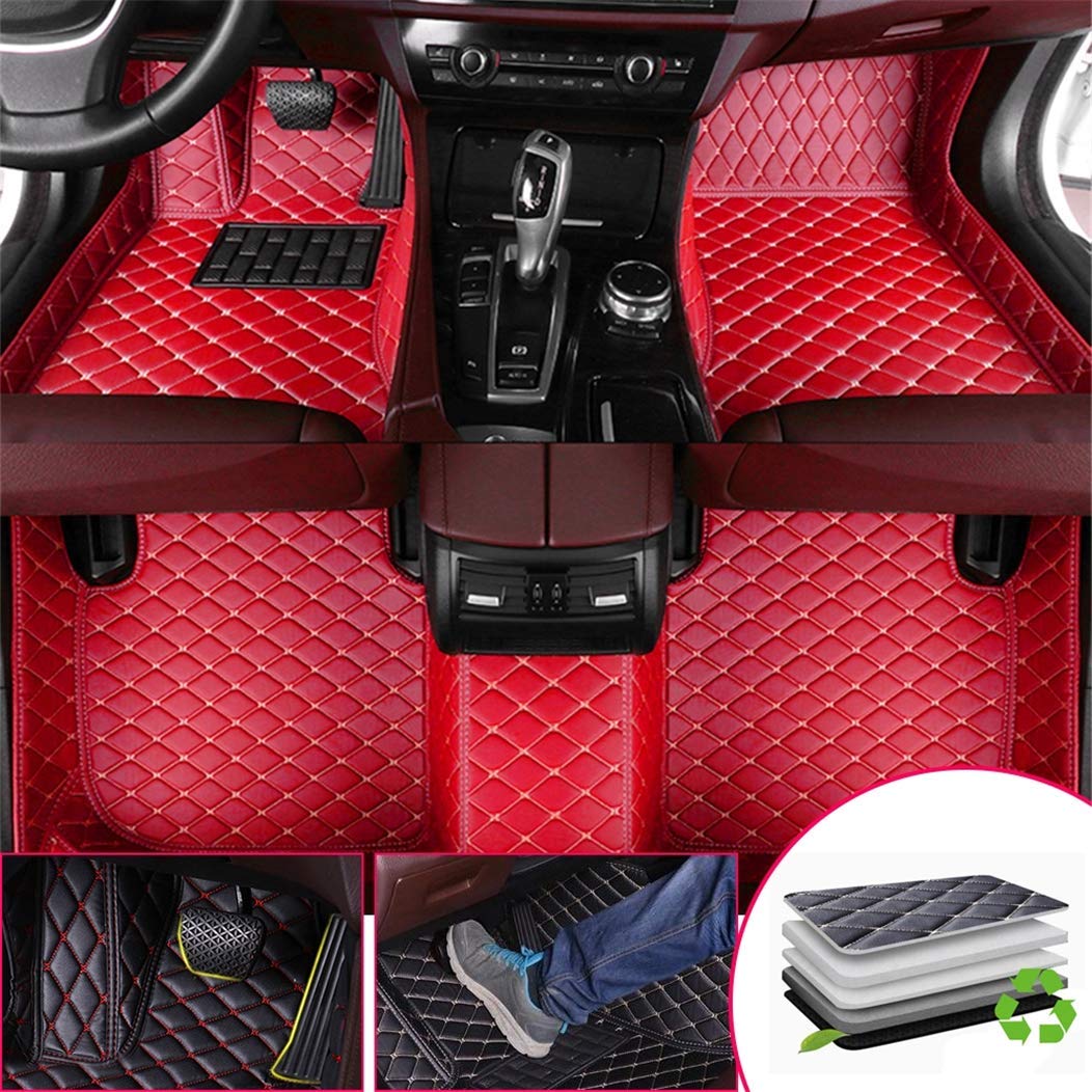 SureMart Custom All-Weather Floor Mats for Hyundai Genesis G80 2009-2017 - Premium Leather Carpet Car Floor Liners (Red) - Front & Rear Set - Perfect for Winter, Rain & Mud Protection