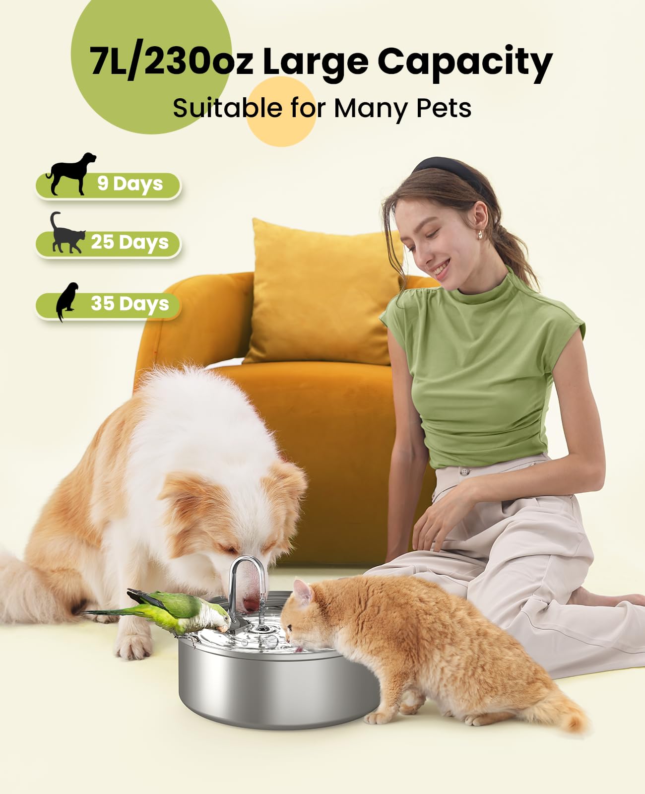 Oneisall 7L/230oz/1.8G Stainless Steel Dog Water Fountain - Super Quiet with Triple Filtration System for Large Dogs, Cats & Multi-Pet Homes | Perfect for Indoor Use, Pet Hydration & Home Decor