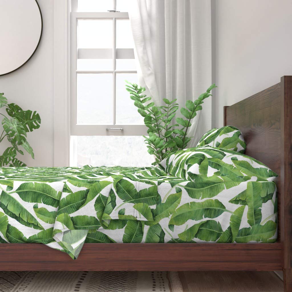Watercolor Banana Leaves 100% Cotton Twin Sheet Set (3pc) - Tropical Hawaiian Modern Bedding for Home Decor | Soft Breathable Sheets for Guest Room, Vacation Rental & Boho Bedroom
