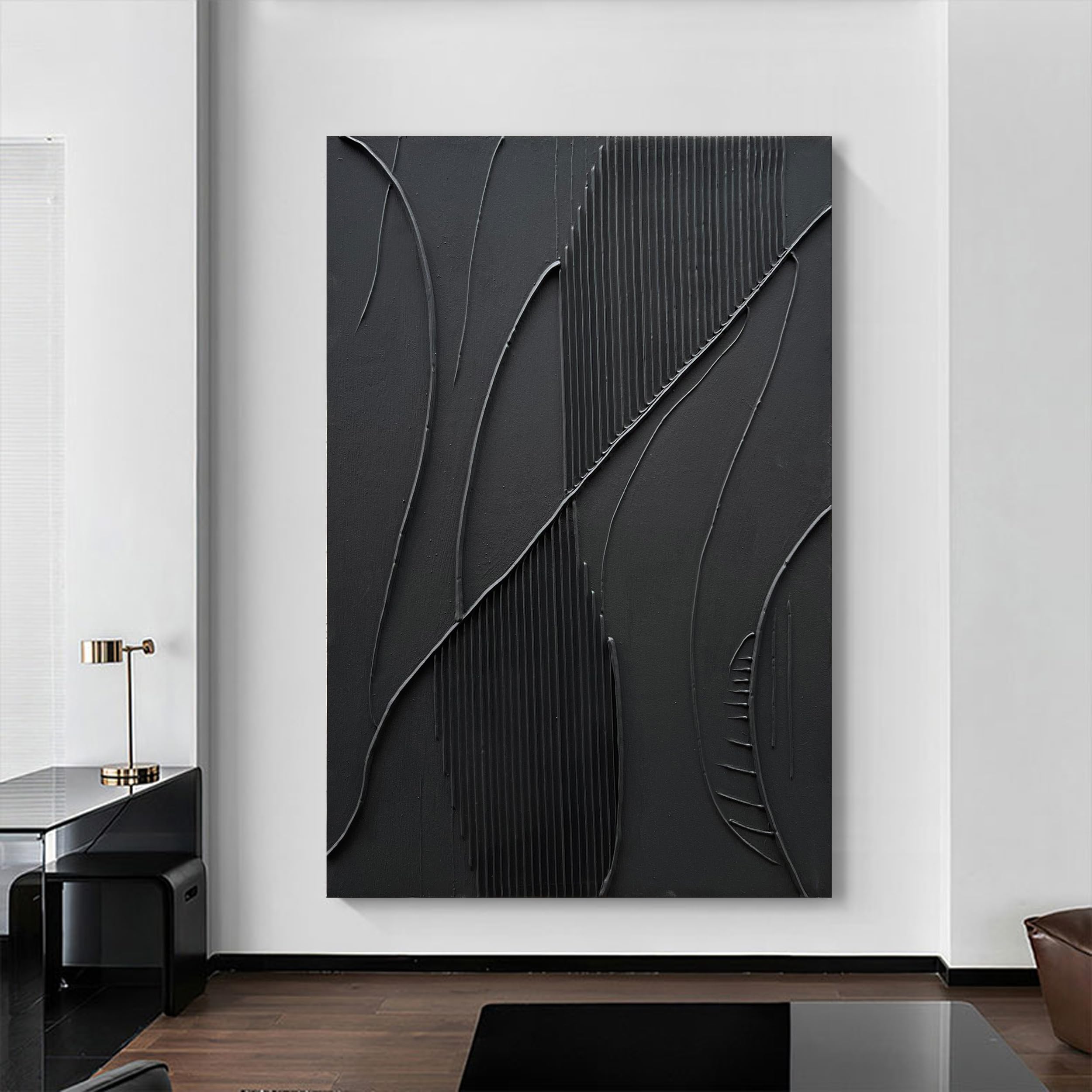 Hand-Painted Modern Minimalist Abstract Oil Painting - Black Texture Wall Art - 45x30 Inches - Large Contemporary Home Decor for Living Room, Bedroom & Office