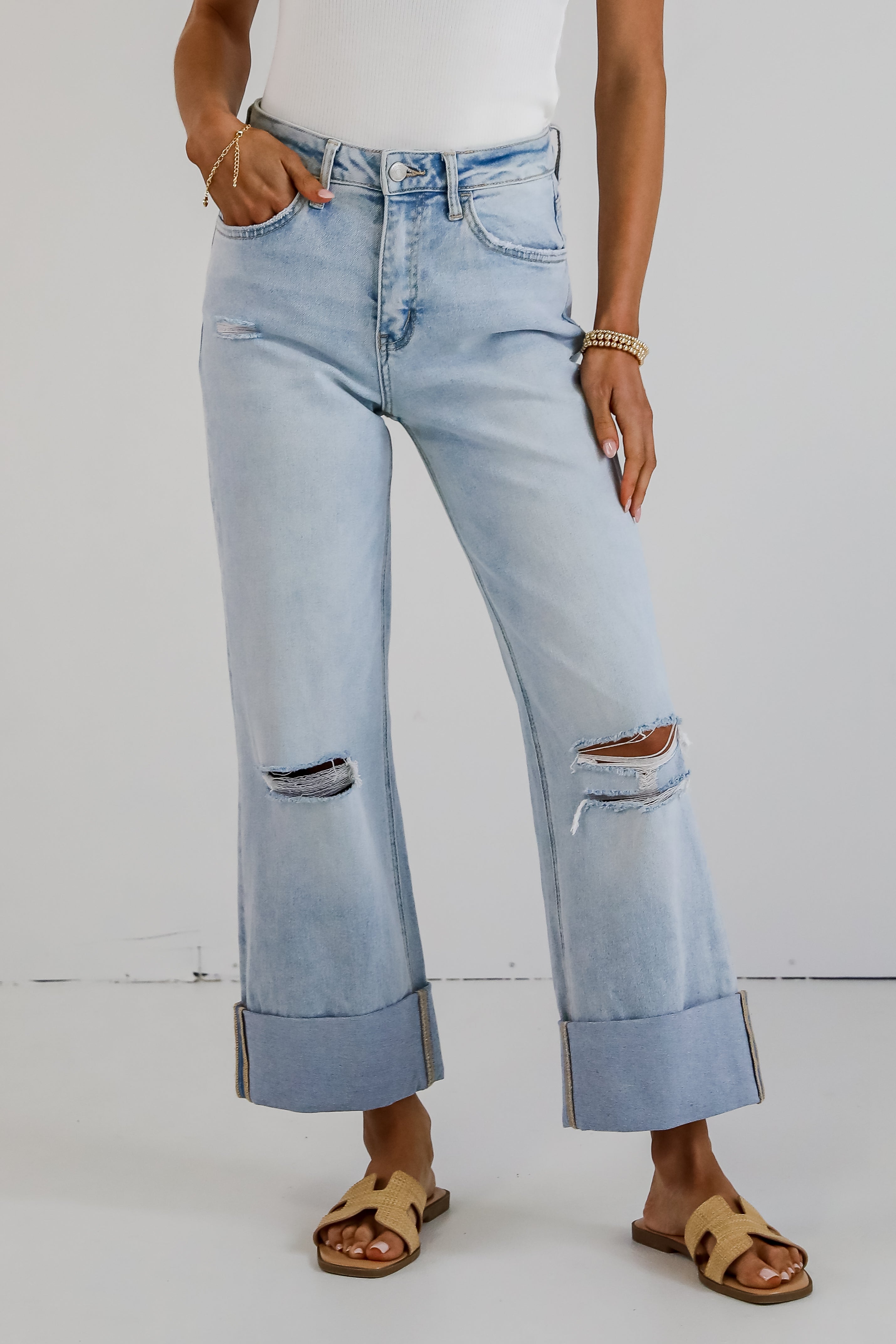 Demi Light Wash Super High Rise Cuffed Baggy Wide Leg Jeans for Women - Vintage Distressed Denim Pants for Casual Outfits & Streetwear Fashion