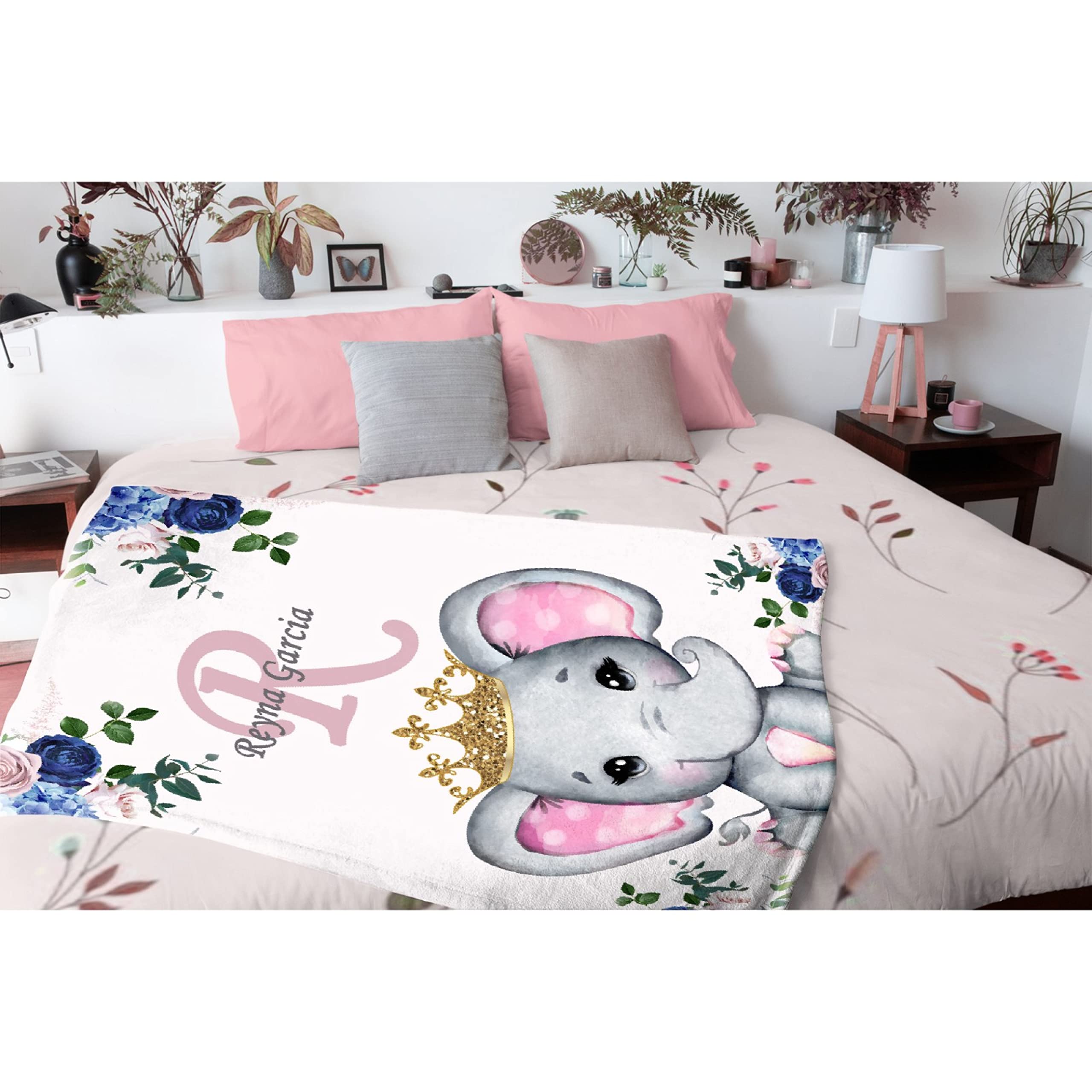 Personalized Baby Blanket with Name - Pink Floral Elephant Design Custom Fleece Blanket for Girls & Boys | Soft 120