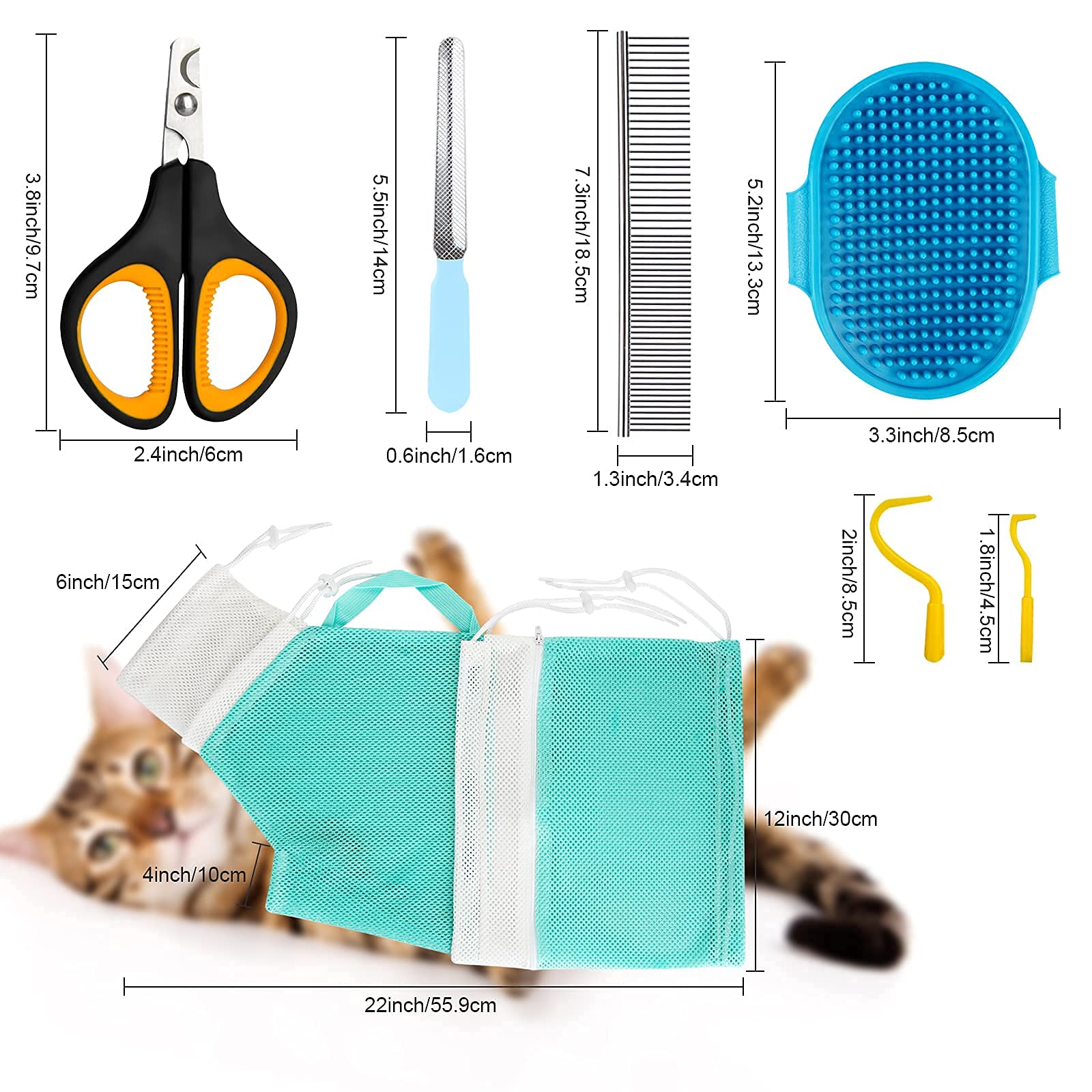 8-Piece Cat & Dog Grooming Kit - Adjustable Pet Shower Net Bag, Bath Brush, Nail Clippers, Nail File, Hair Combs, Tick Tool & Nail Caps - Essential Pet Bathing & Grooming Supplies for Home Use