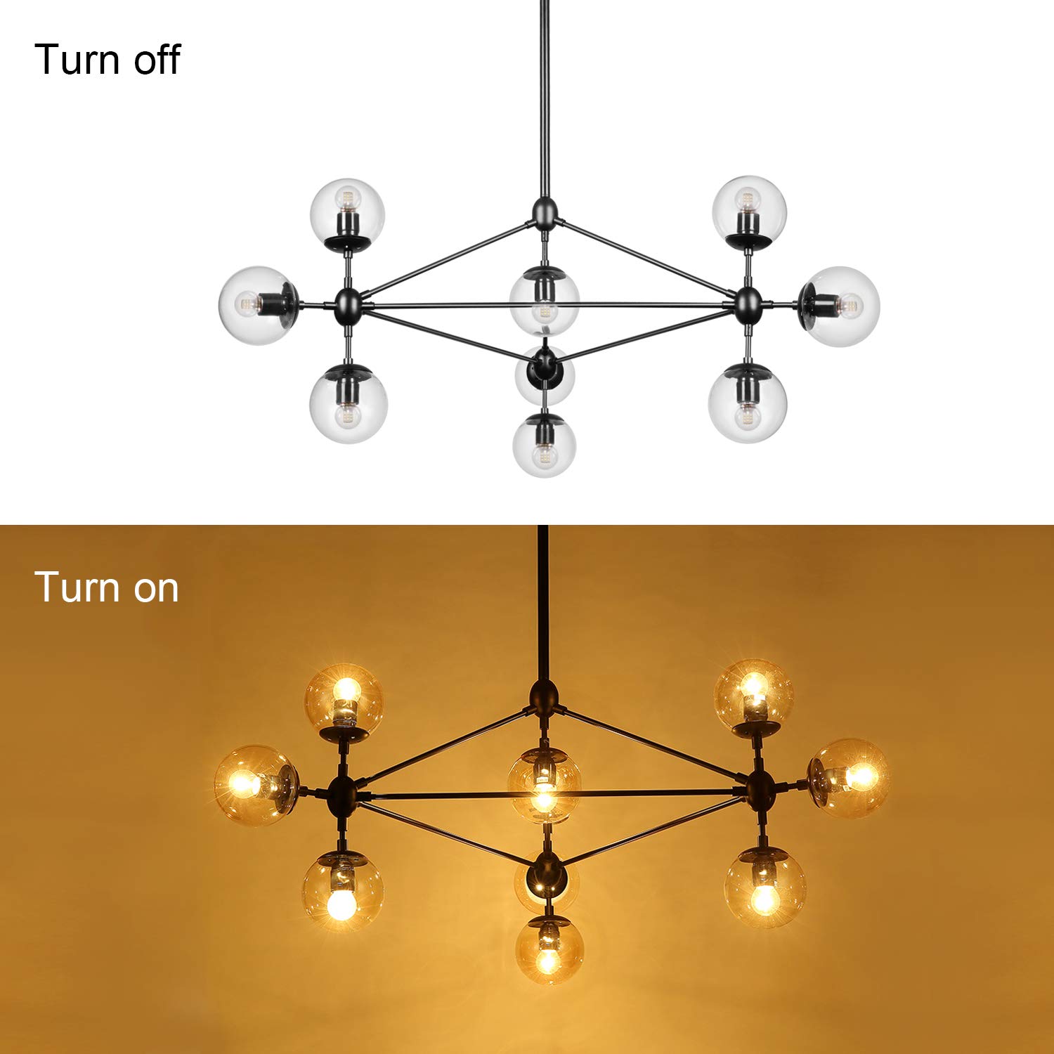 Modern Black DNA 10-Light Chandelier with Globe Glass Shade - Elegant Lighting Fixture for Kitchen Island, Dining Room & Living Room | Perfect for Farmhouse, Industrial & Contemporary Home Decor